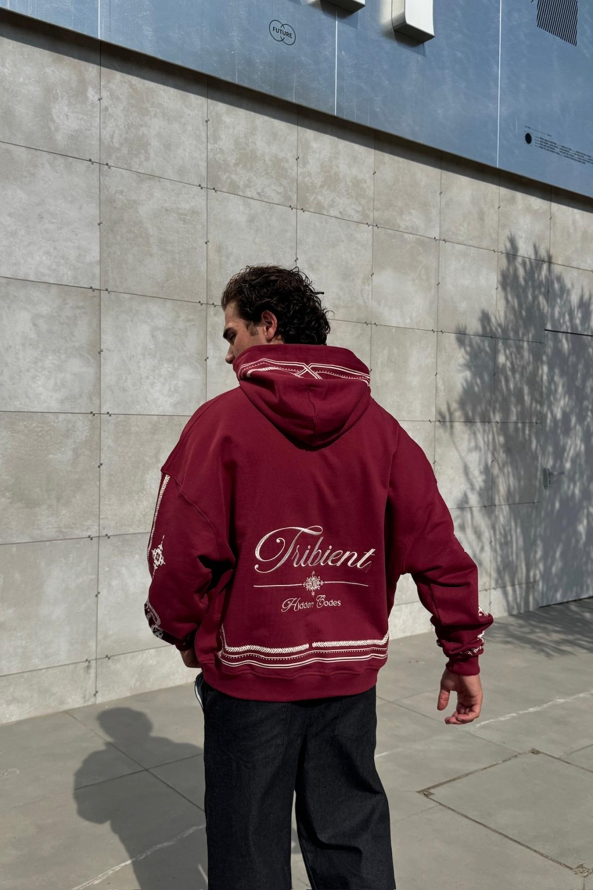 Nakışlı Etnik Desen Bordo Oversize Hoodie JC01