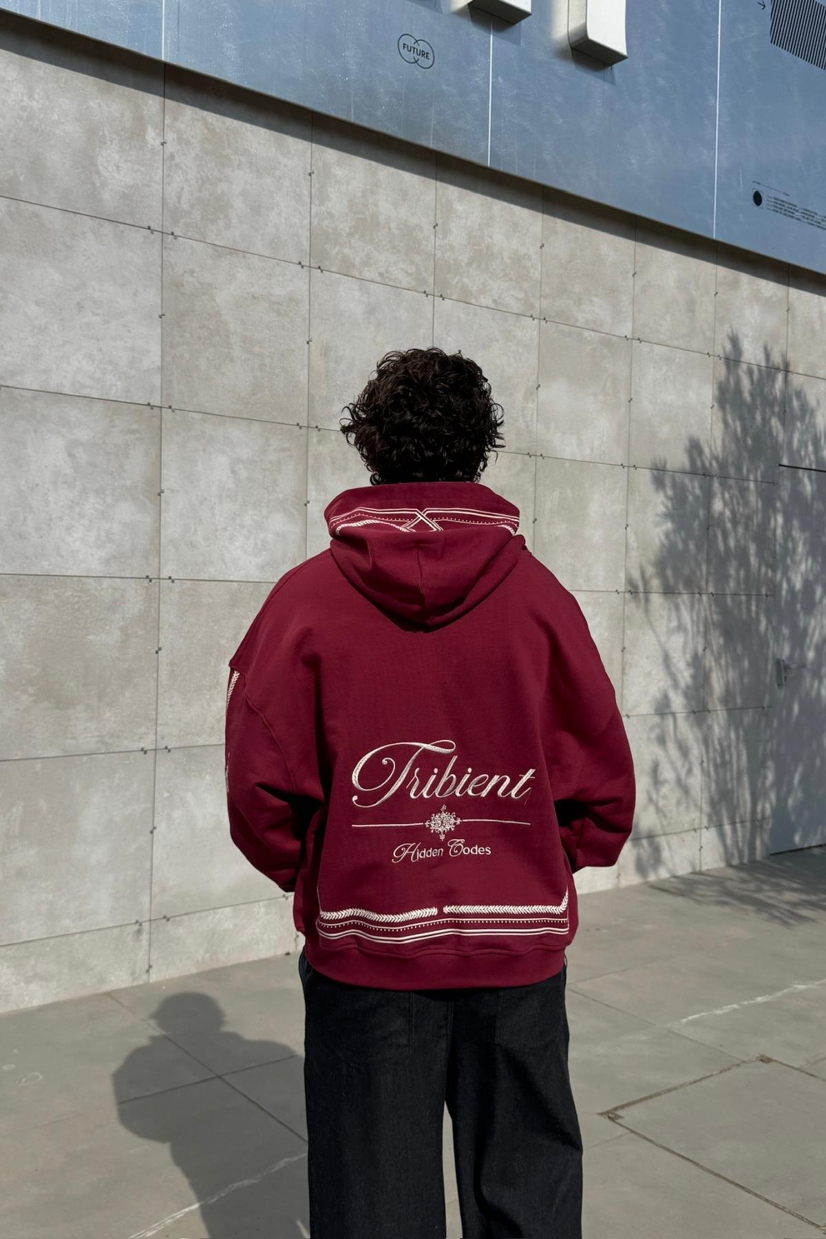 Nakışlı Etnik Desen Bordo Oversize Hoodie JC01