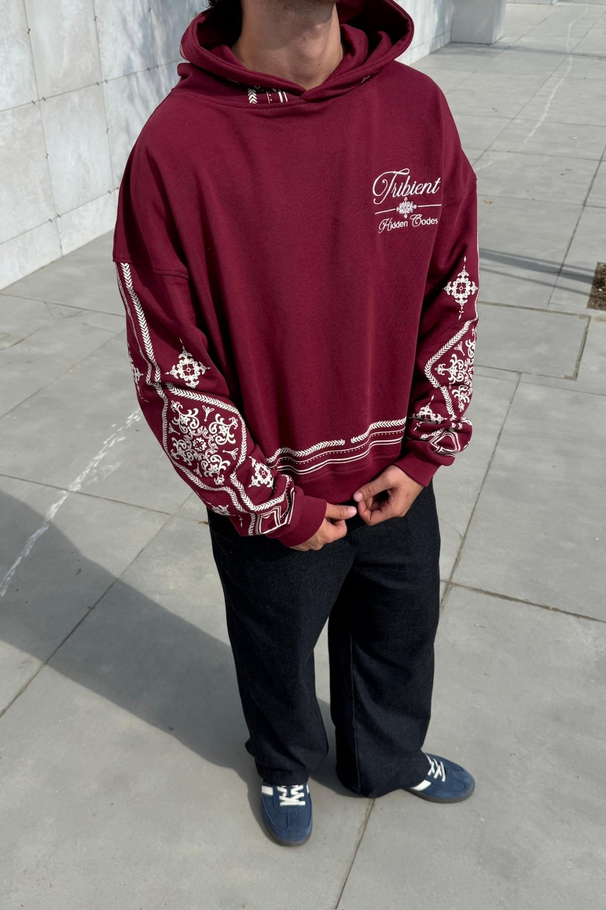 Nakışlı Etnik Desen Bordo Oversize Hoodie JC01