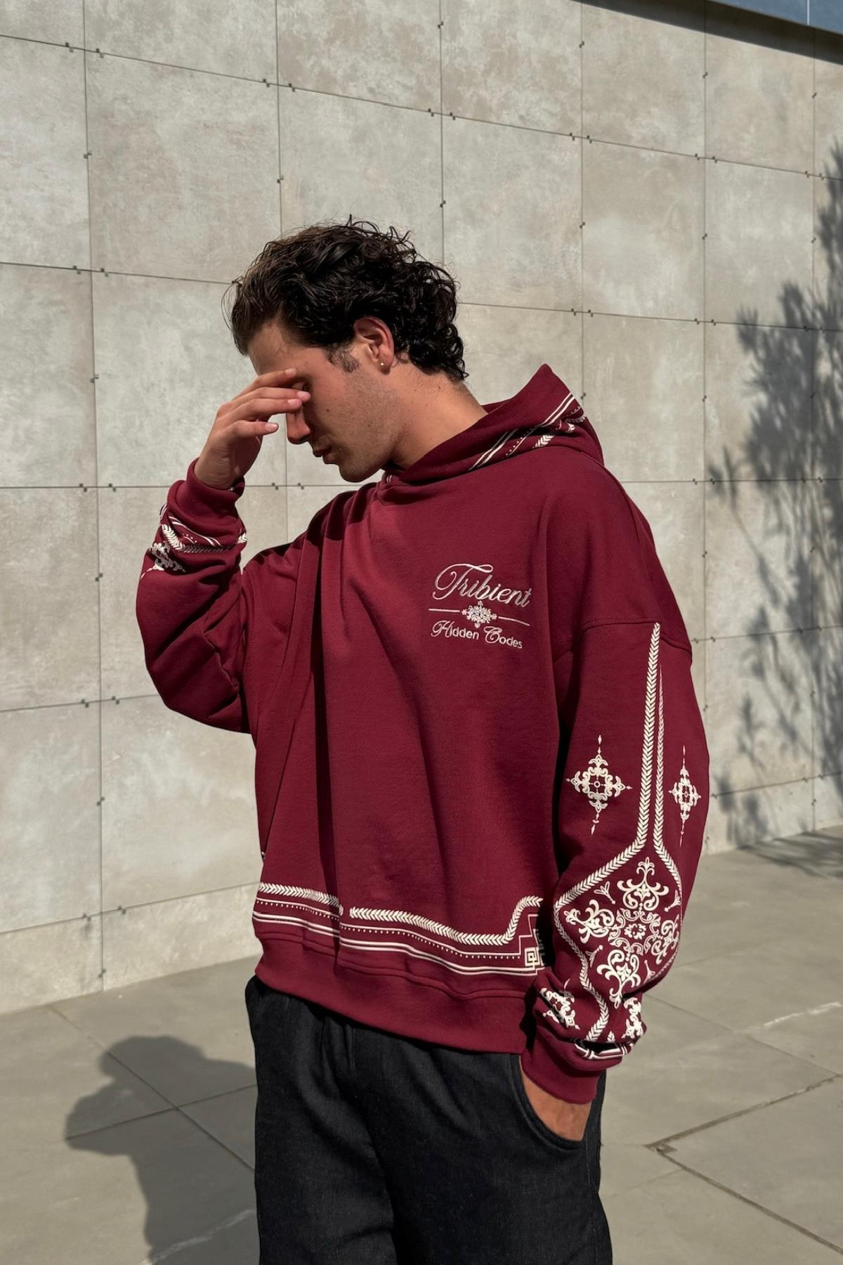 Nakışlı Etnik Desen Bordo Oversize Hoodie JC01