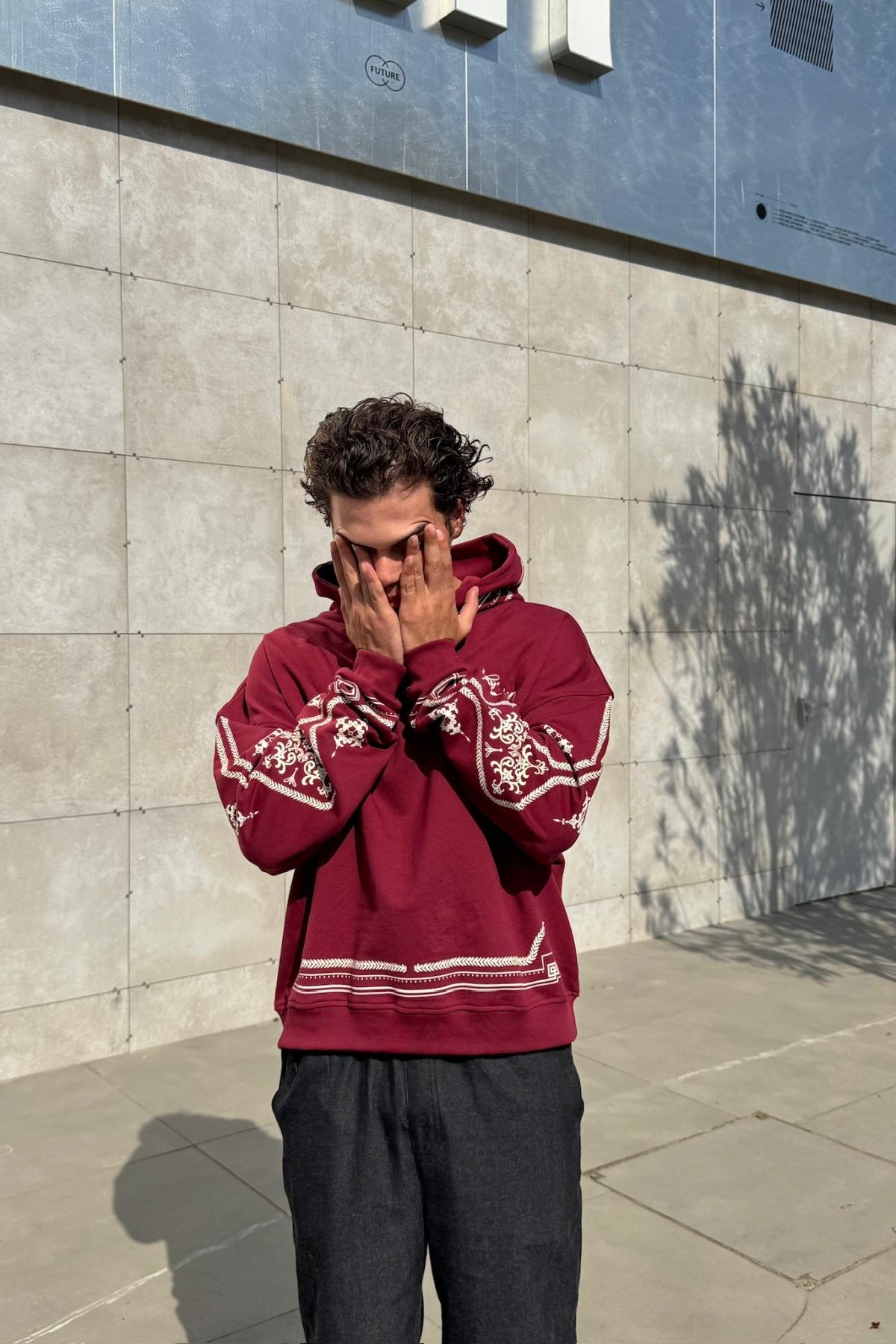 Nakışlı Etnik Desen Bordo Oversize Hoodie JC01