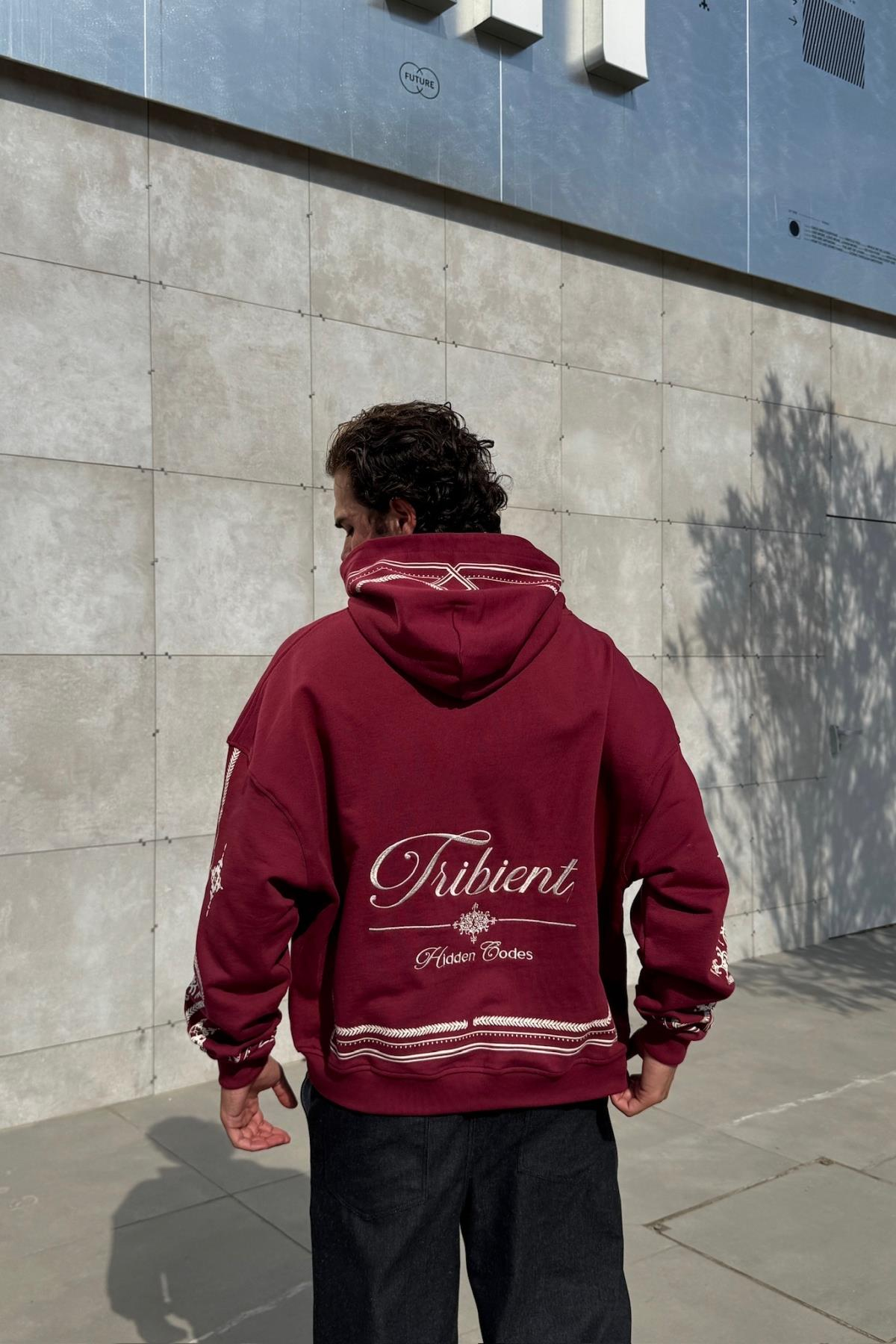 Nakışlı Etnik Desen Bordo Oversize Hoodie JC01