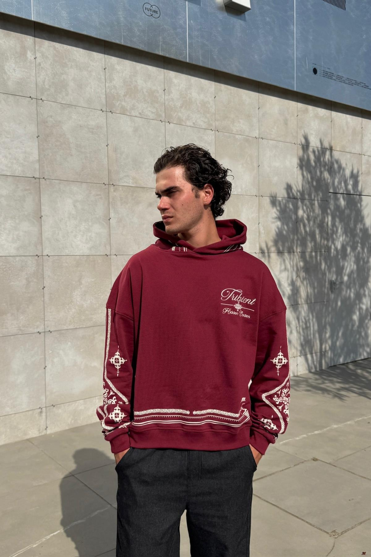Nakışlı Etnik Desen Bordo Oversize Hoodie JC01