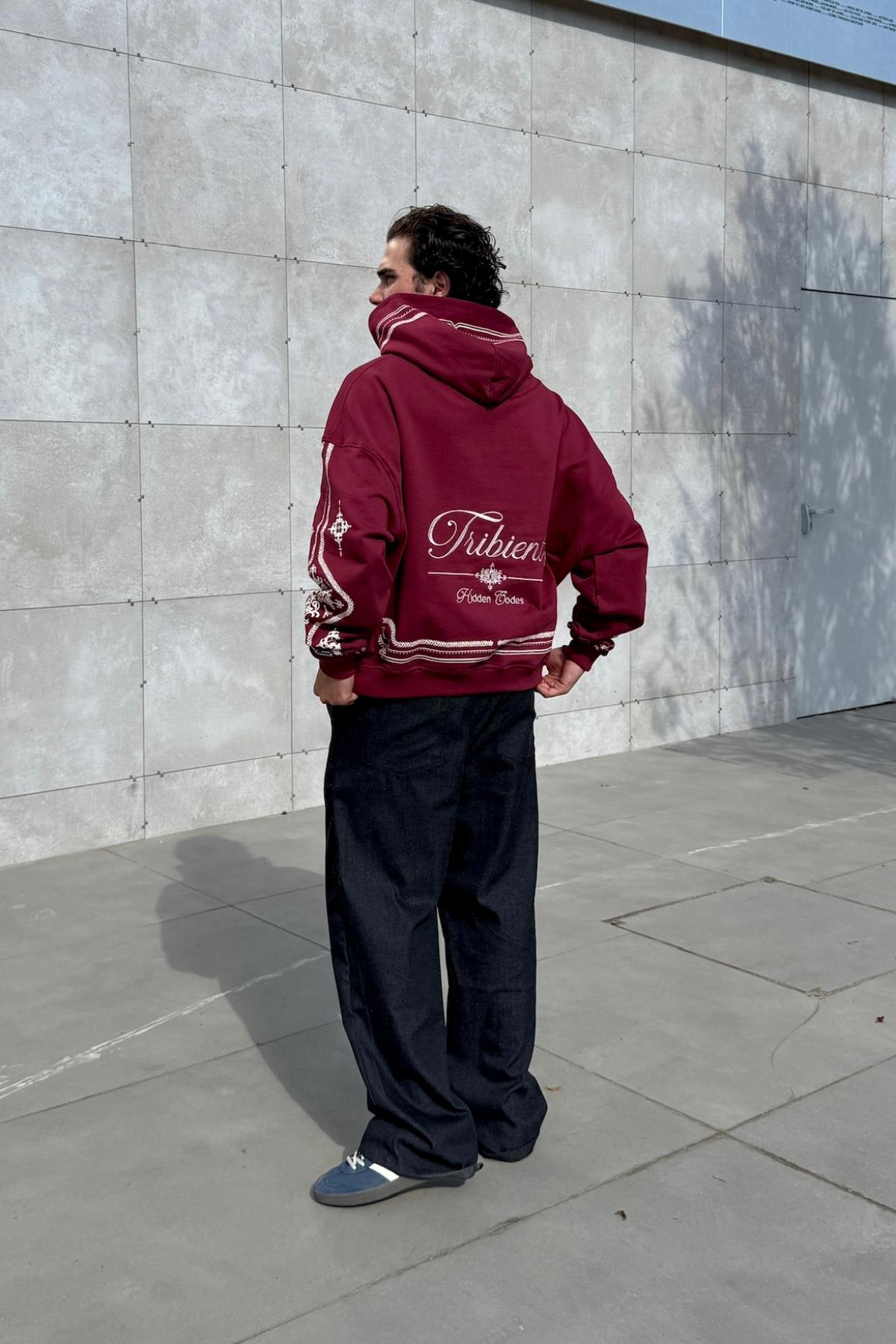 Nakışlı Etnik Desen Bordo Oversize Hoodie JC01