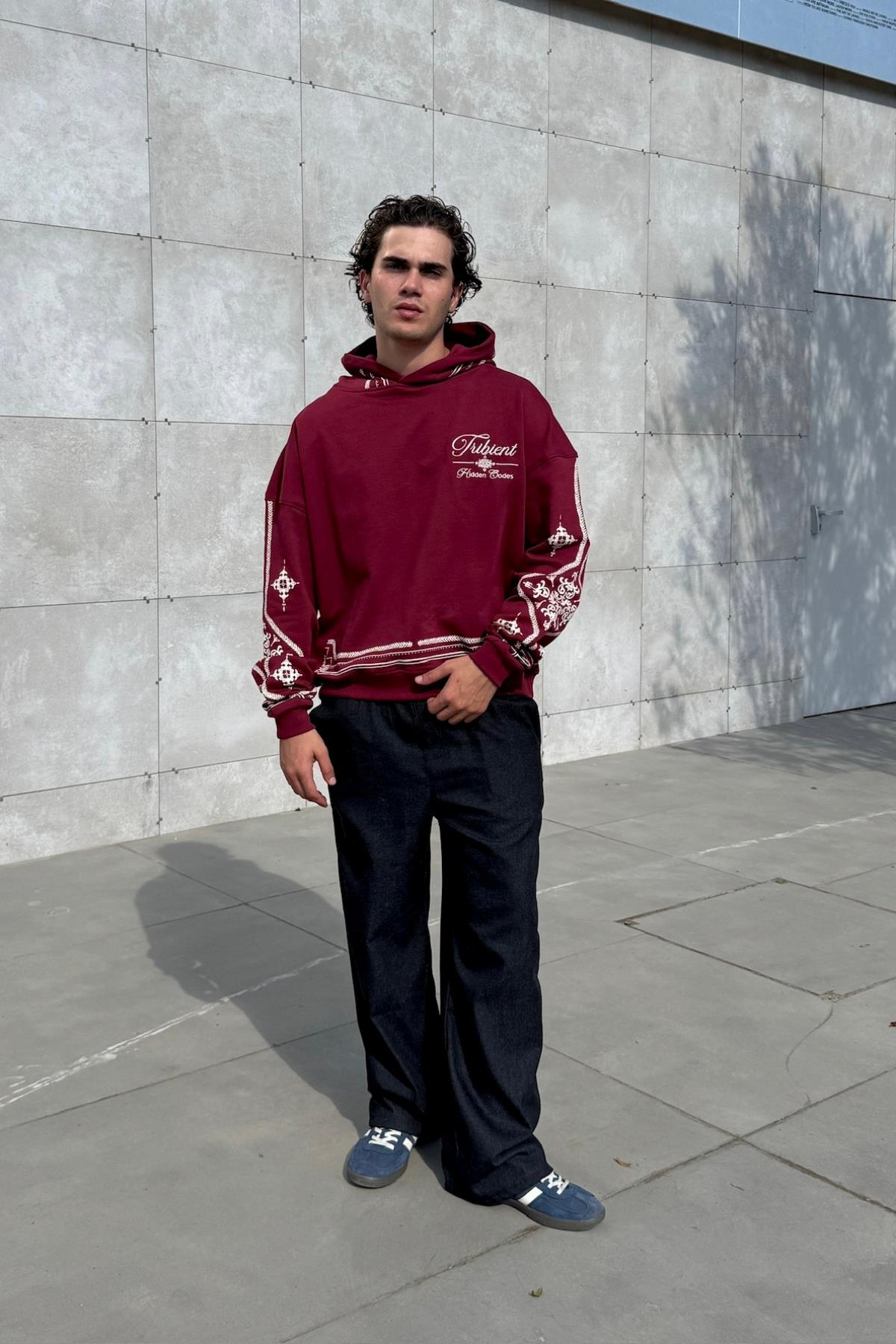 Nakışlı Etnik Desen Bordo Oversize Hoodie JC01