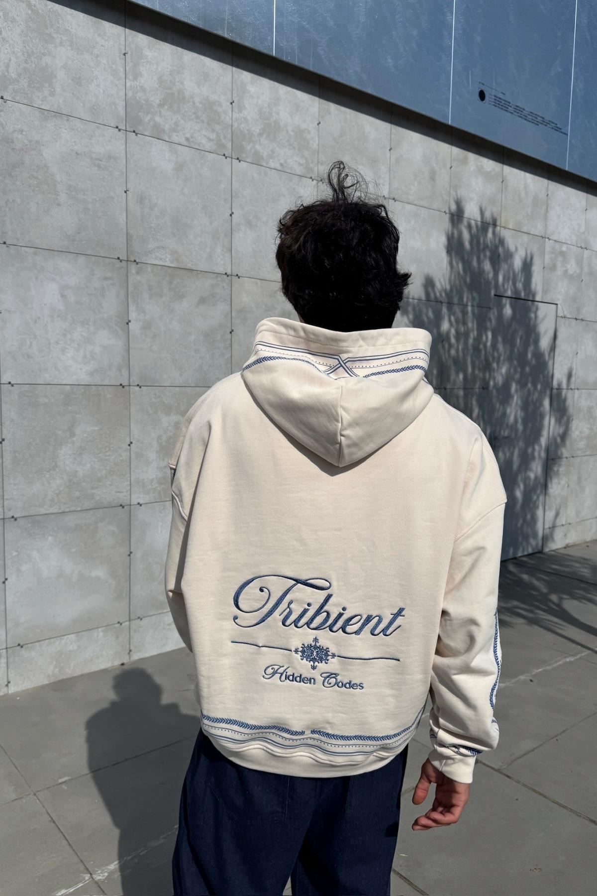 Nakışlı Etnik Desen Krem Oversize Hoodie JC01