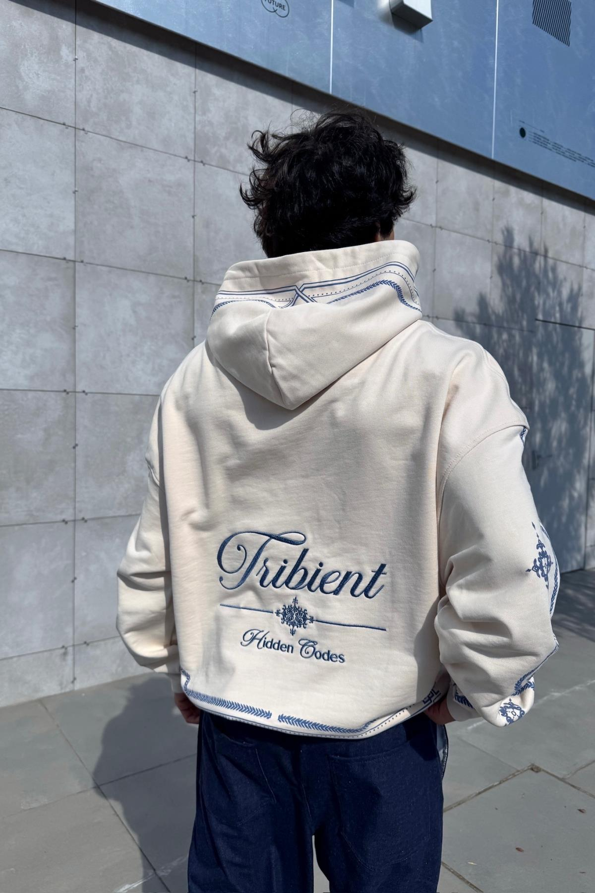 Nakışlı Etnik Desen Krem Oversize Hoodie JC01