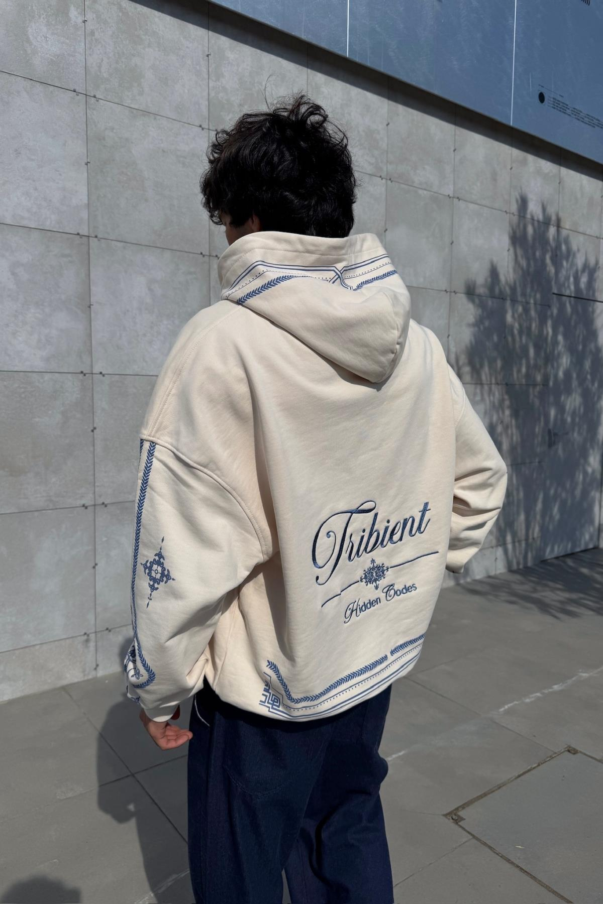 Nakışlı Etnik Desen Krem Oversize Hoodie JC01