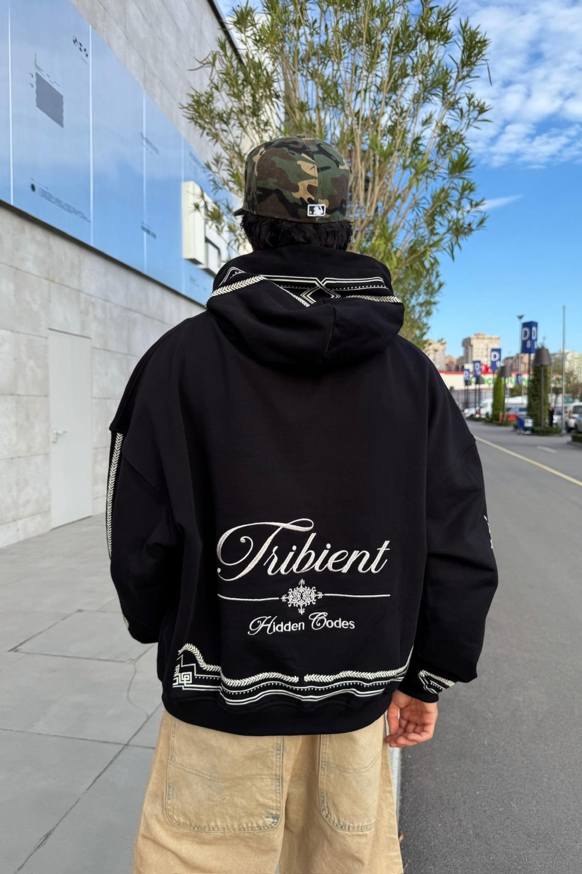 Nakışlı Etnik Desen Siyah Oversize Hoodie JC01