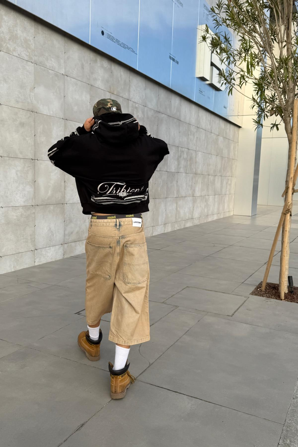 Nakışlı Etnik Desen Siyah Oversize Hoodie JC01