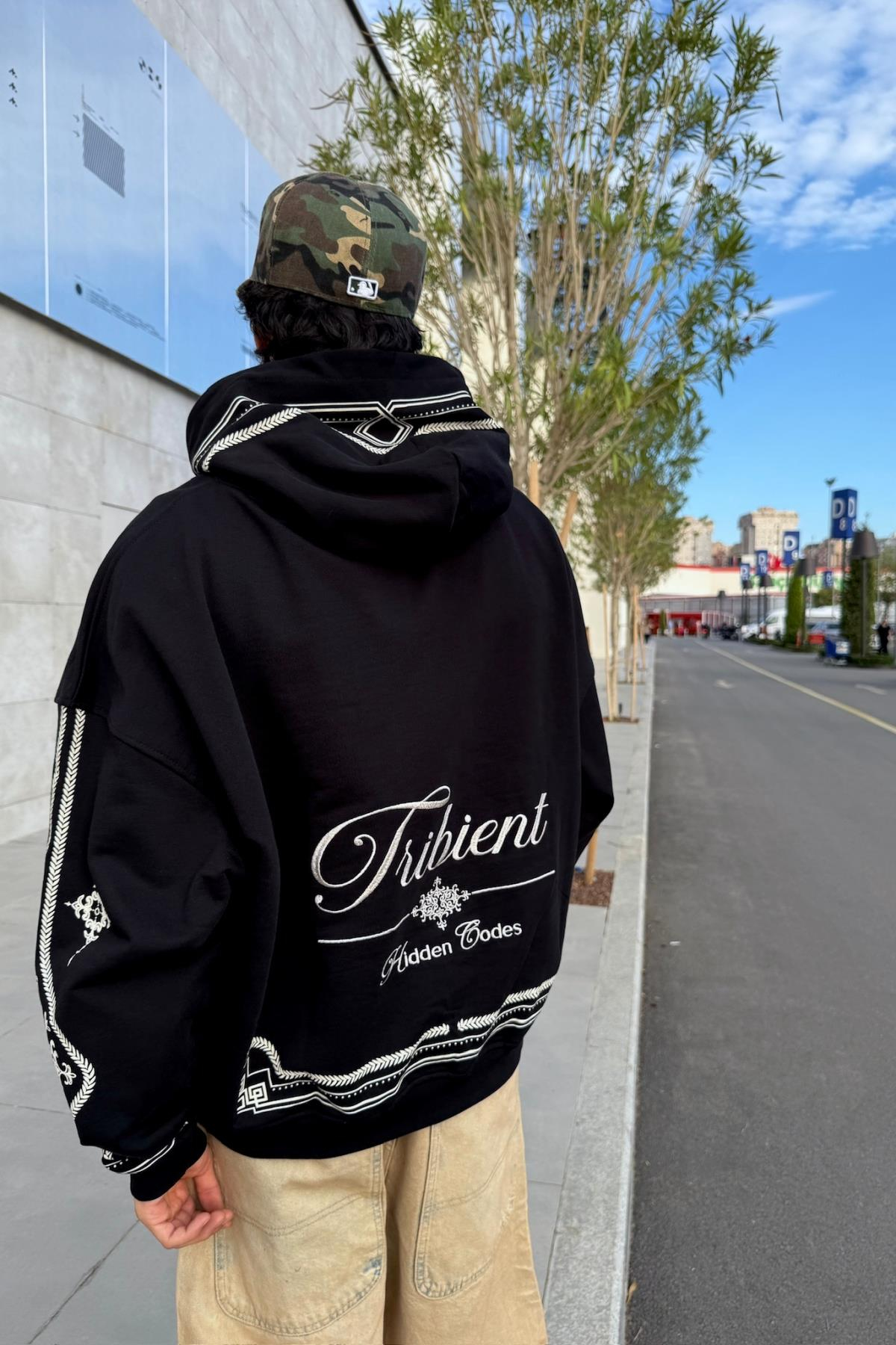 Nakışlı Etnik Desen Siyah Oversize Hoodie JC01