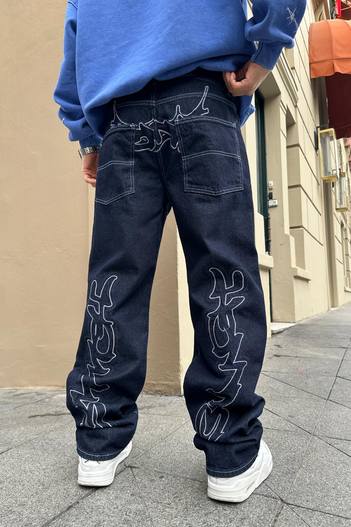 Nakışlı Koyu Mavi Jean Pantolon P828