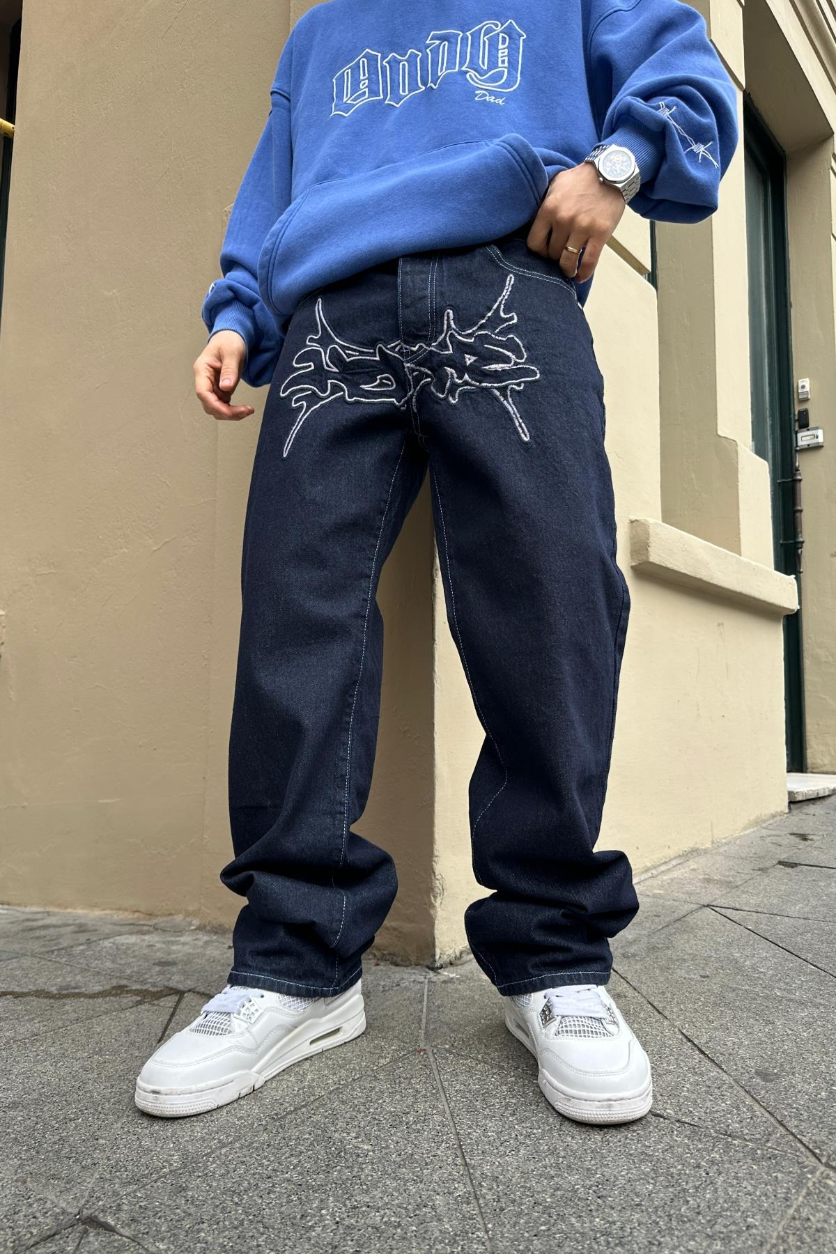 Nakışlı Koyu Mavi Jean Pantolon P828