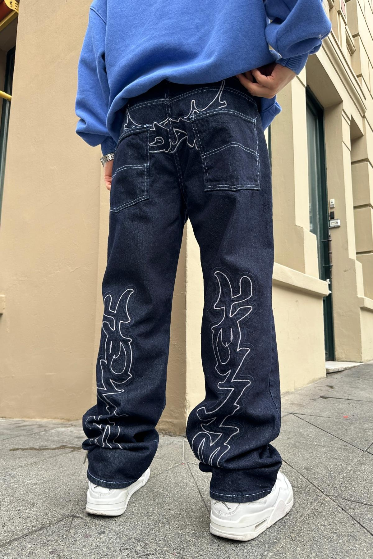 Nakışlı Koyu Mavi Jean Pantolon P828