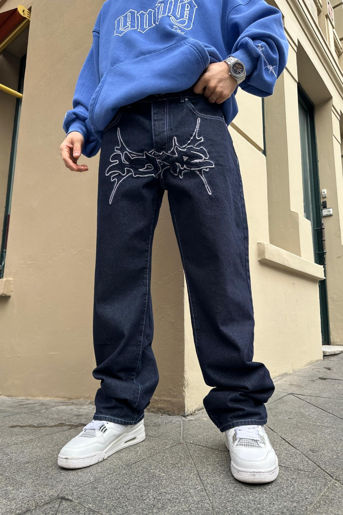Nakışlı Koyu Mavi Jean Pantolon P828