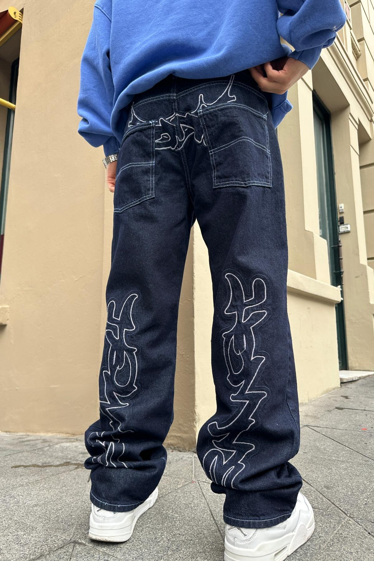 Nakışlı Koyu Mavi Jean Pantolon P828