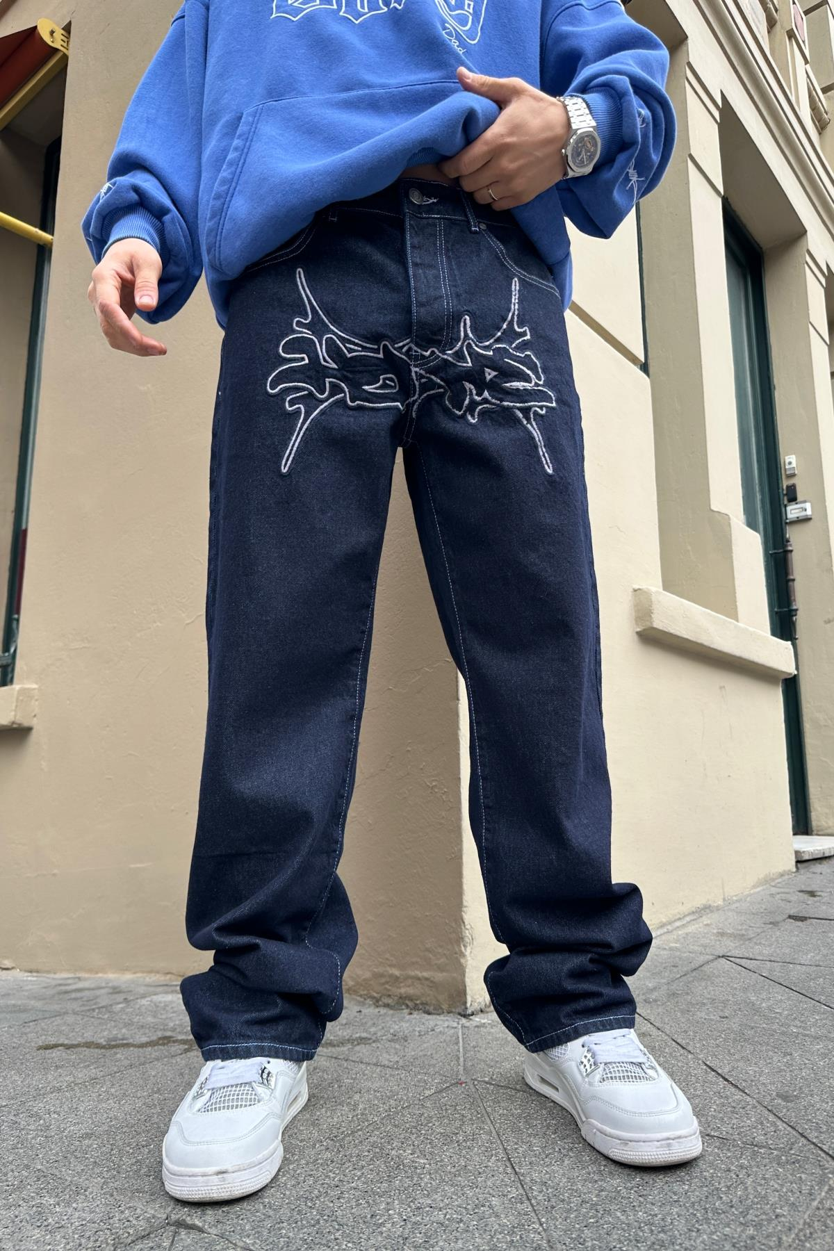 Nakışlı Koyu Mavi Jean Pantolon P828