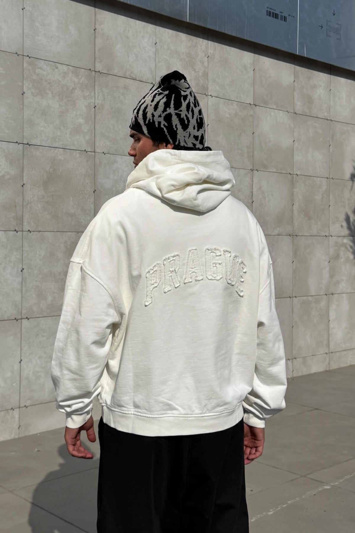 Nakışlı Krem Oversize Paris Hoodie JC01