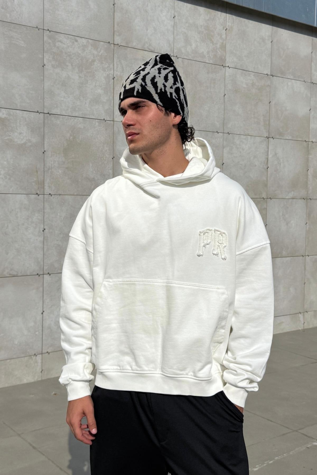 Nakışlı Krem Oversize Paris Hoodie JC01