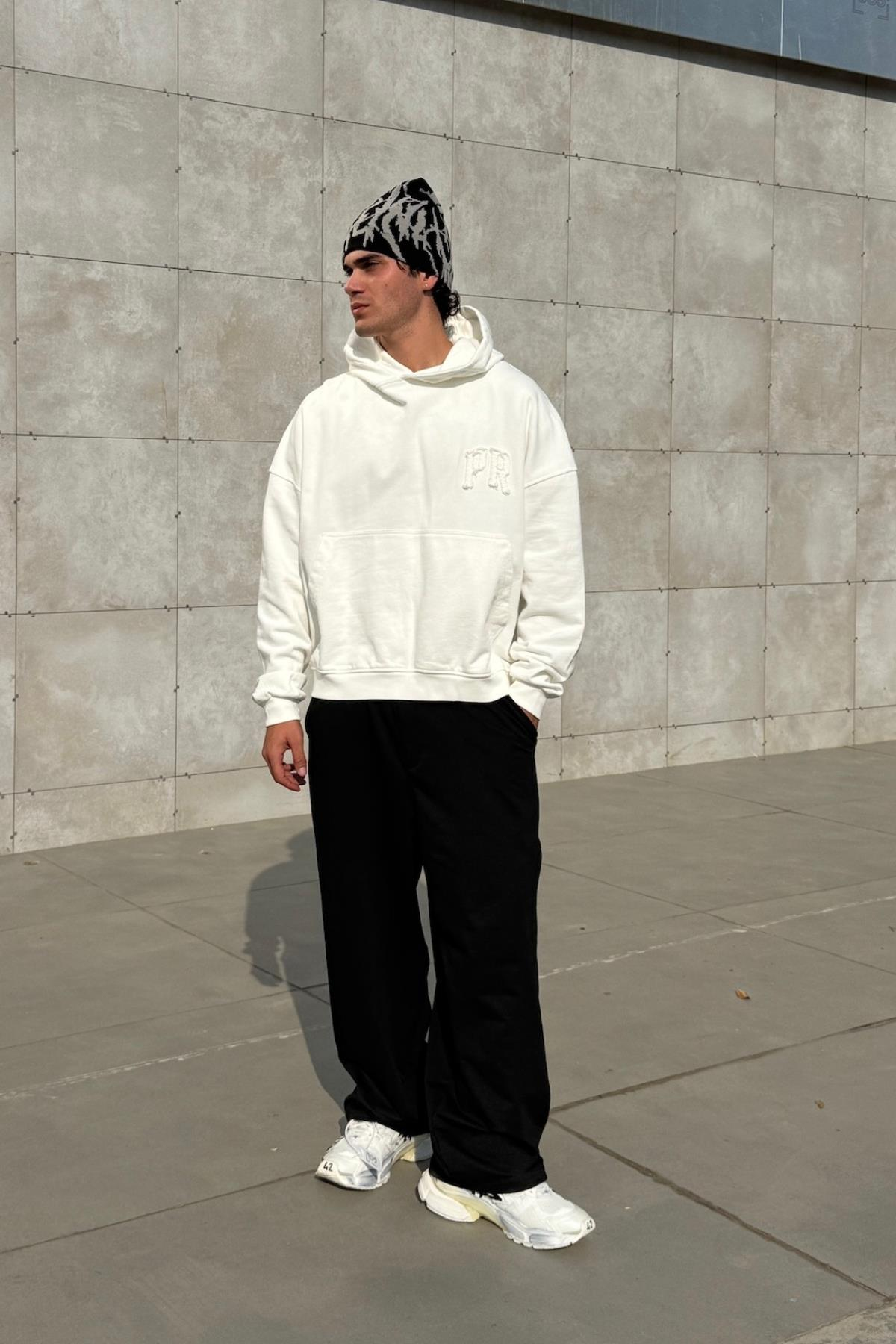 Nakışlı Krem Oversize Paris Hoodie JC01