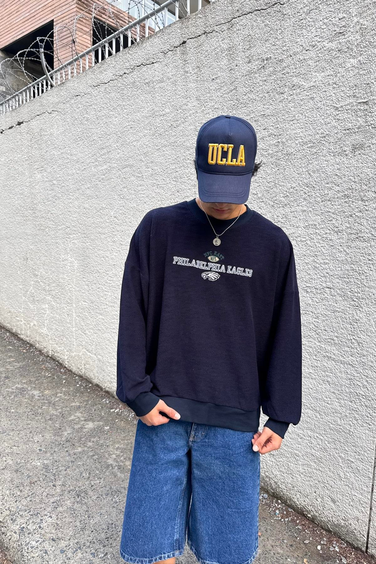 Nakışlı Lacivert Oversize Philadelphia Sweatshirt