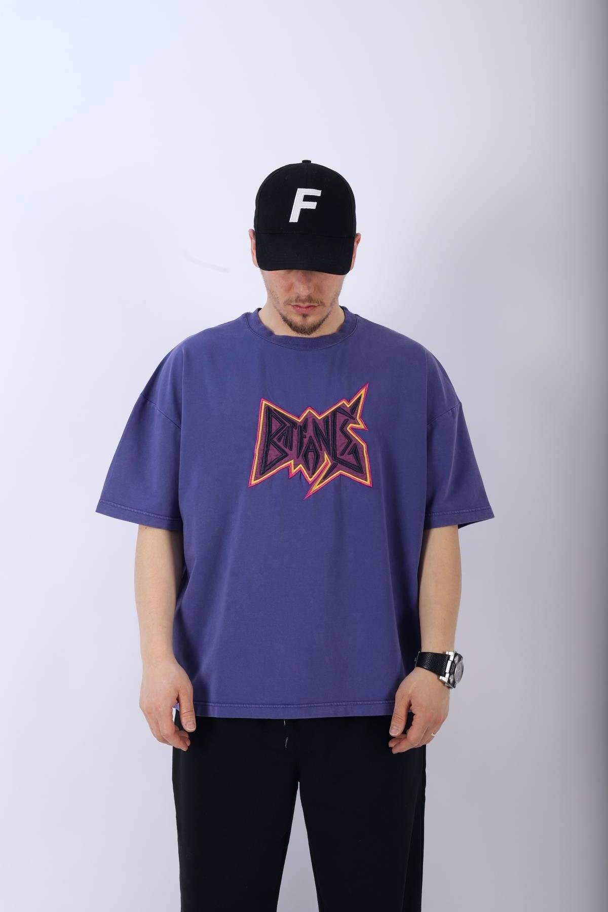 Nakışlı Mor Oversize Tshirt T947