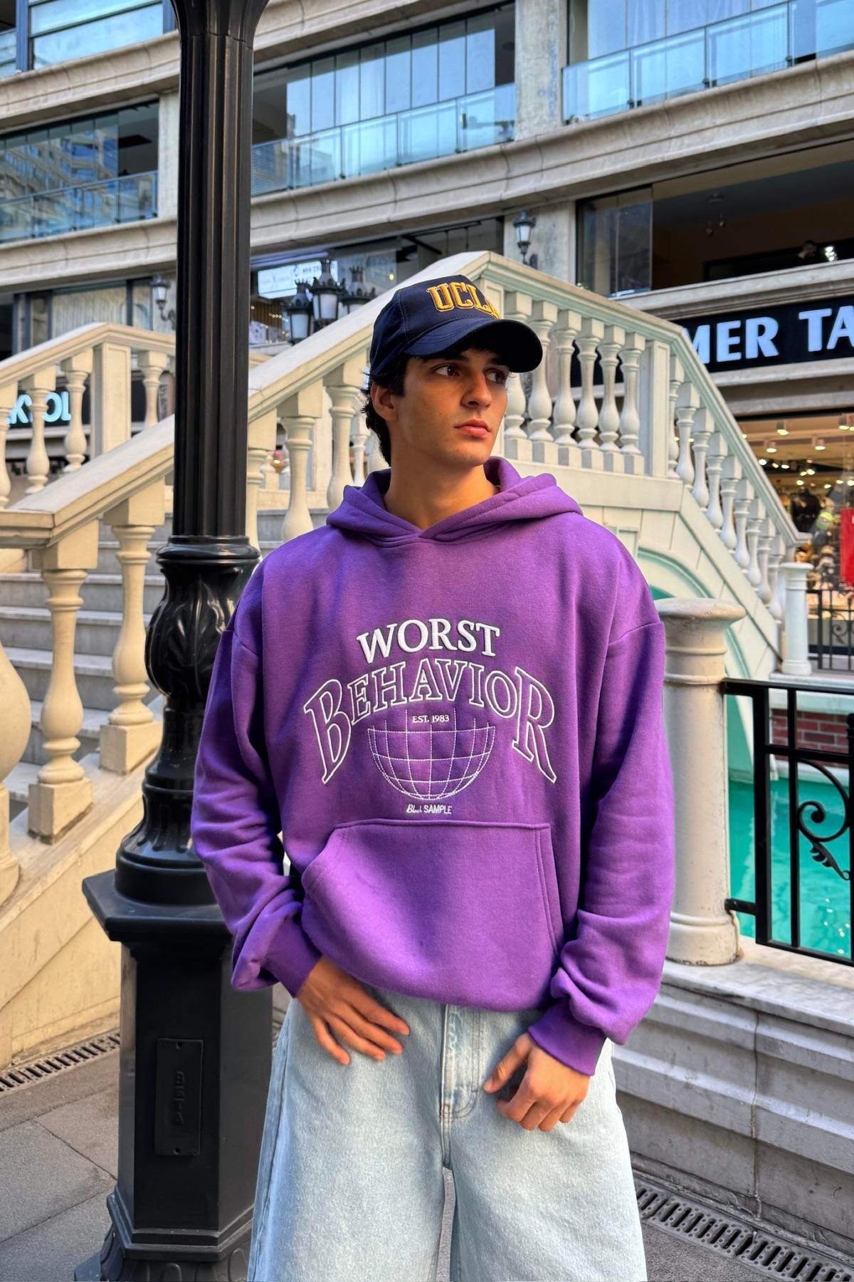 Nakışlı Mor Oversize Worst Hoodie