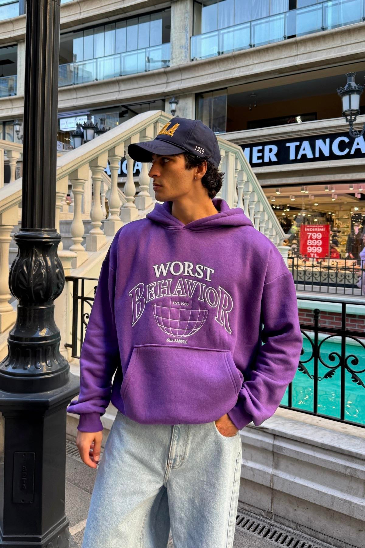 Nakışlı Mor Oversize Worst Hoodie