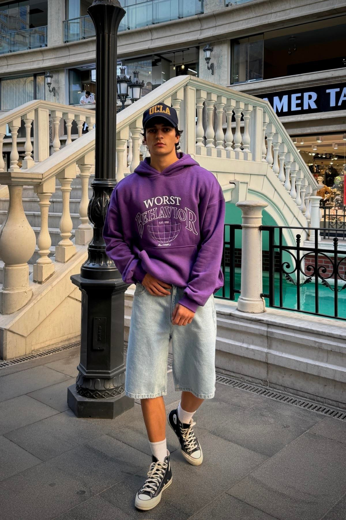 Nakışlı Mor Oversize Worst Hoodie