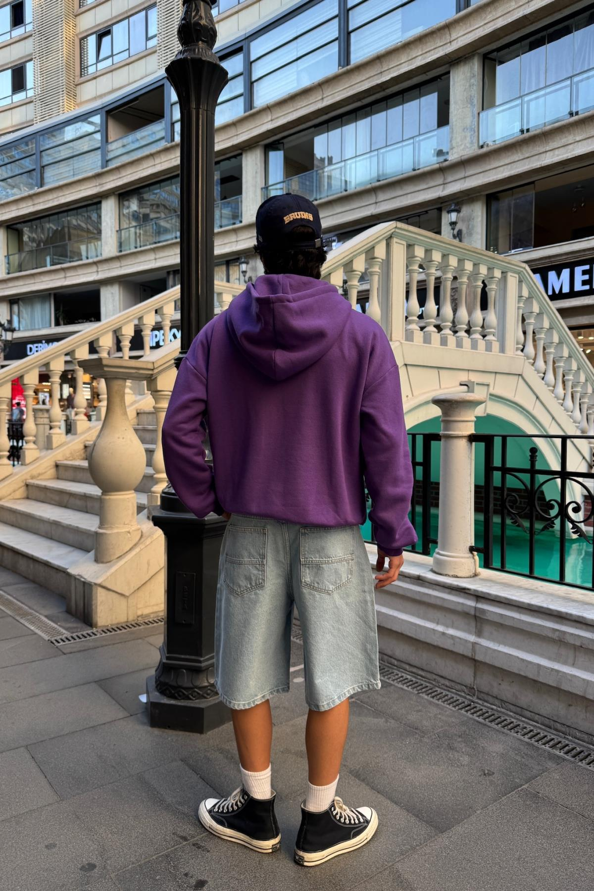 Nakışlı Mor Oversize Worst Hoodie