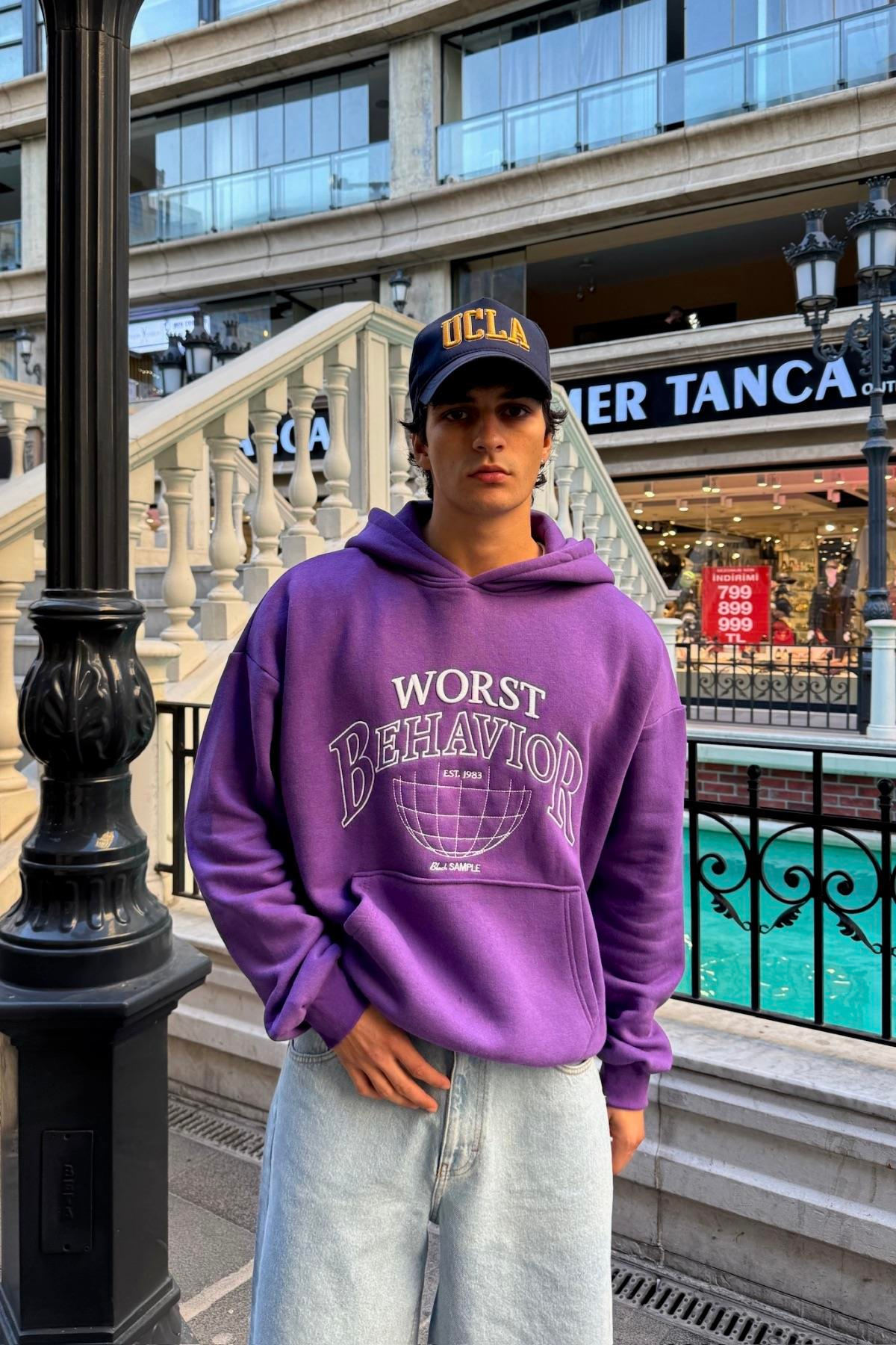 Nakışlı Mor Oversize Worst Hoodie