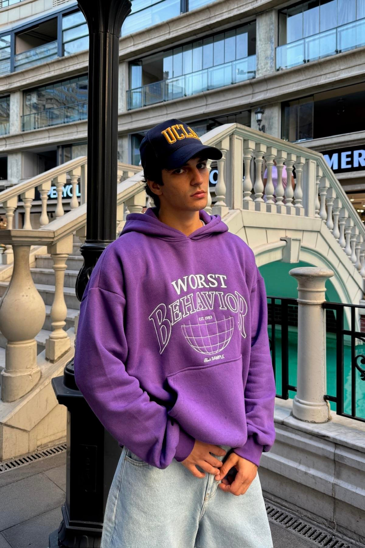 Nakışlı Mor Oversize Worst Hoodie