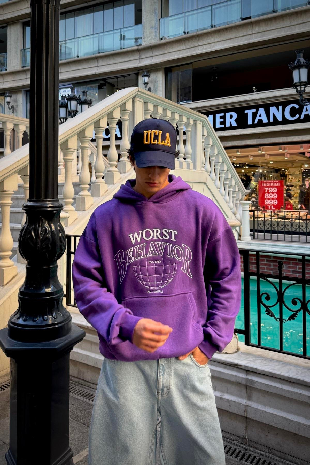 Nakışlı Mor Oversize Worst Hoodie