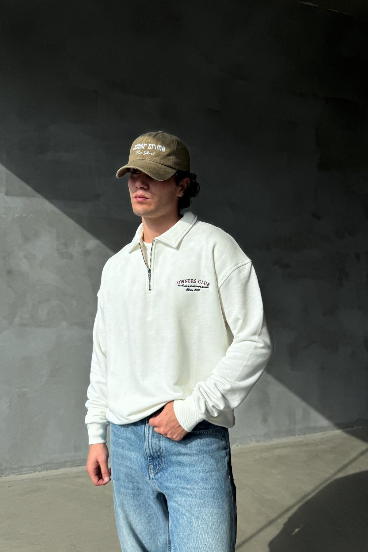 Nakışlı Owners Club Krem Oversize Sweatshirt PM01