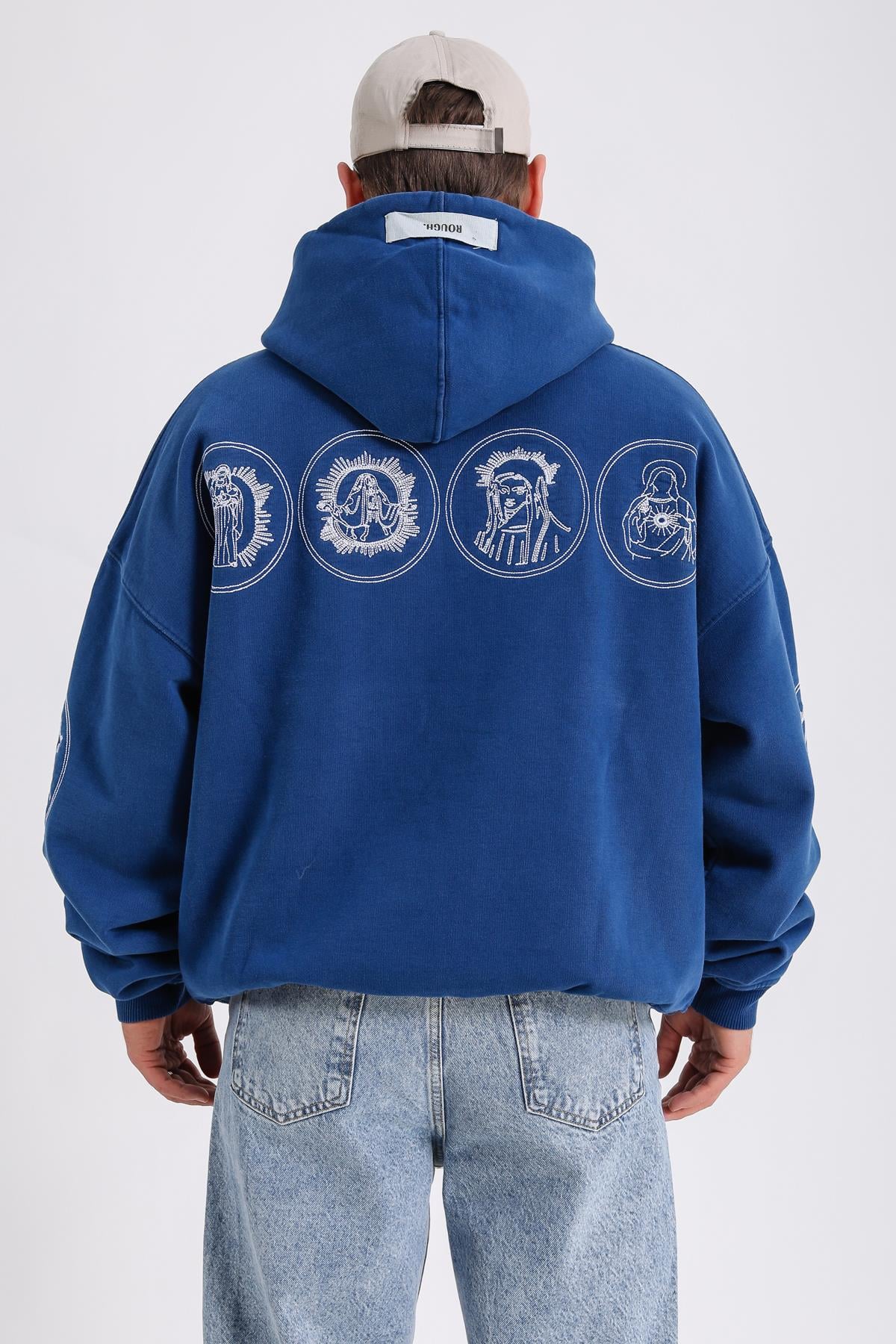 Nakışlı Premium Kumaş Mavi Oversize Hoodie SW1183