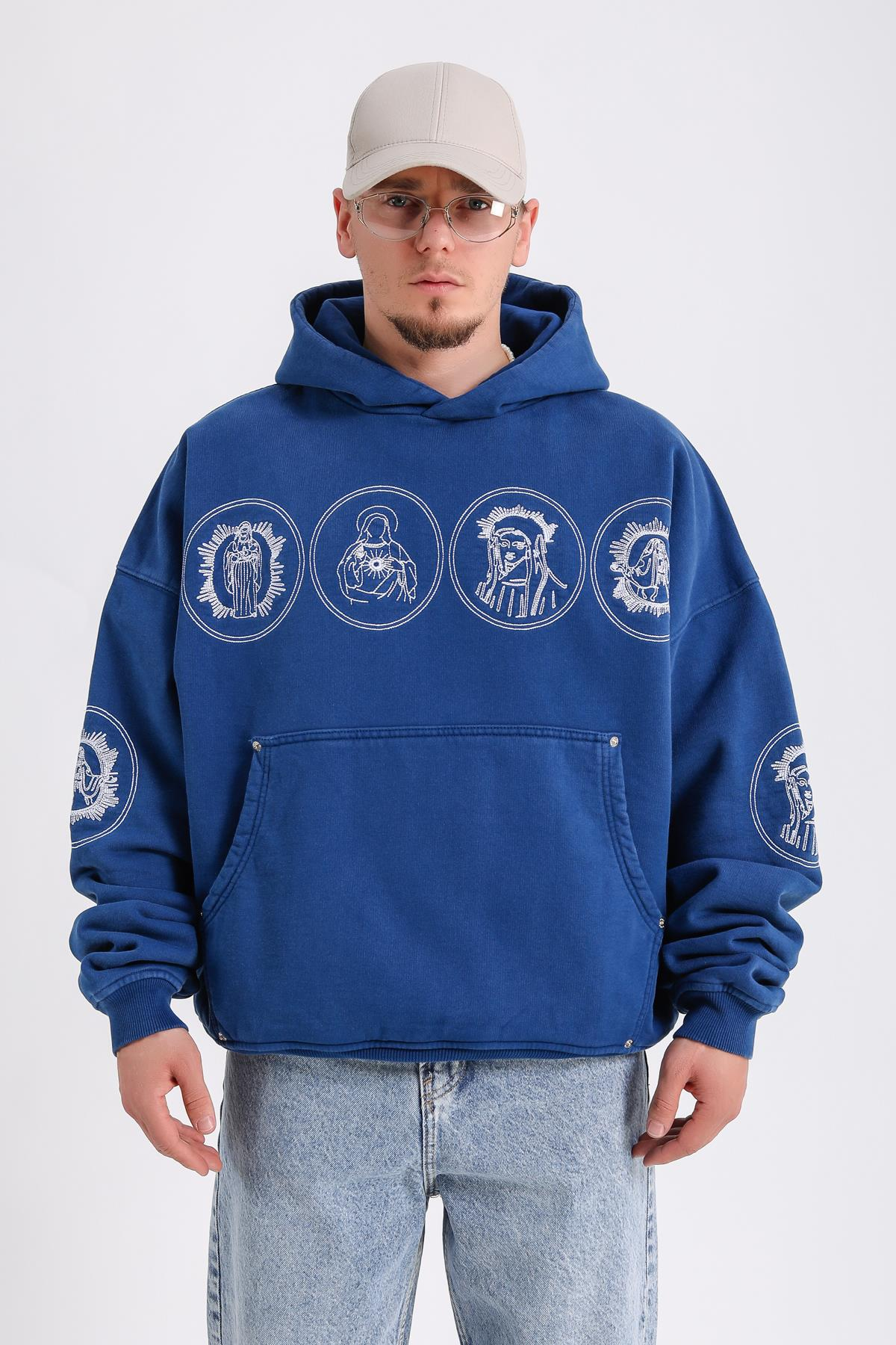Nakışlı Premium Kumaş Mavi Oversize Hoodie SW1183