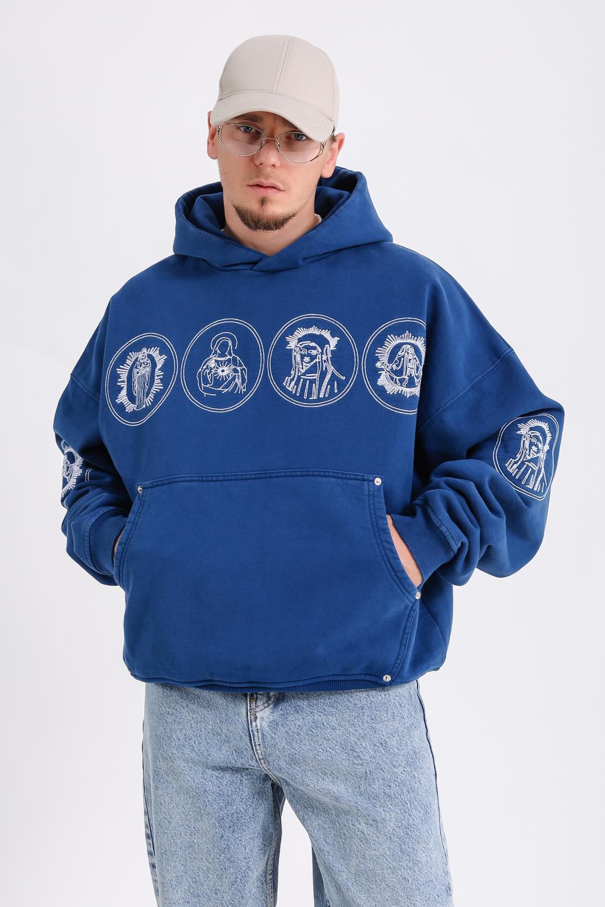 Nakışlı Premium Kumaş Mavi Oversize Hoodie SW1183