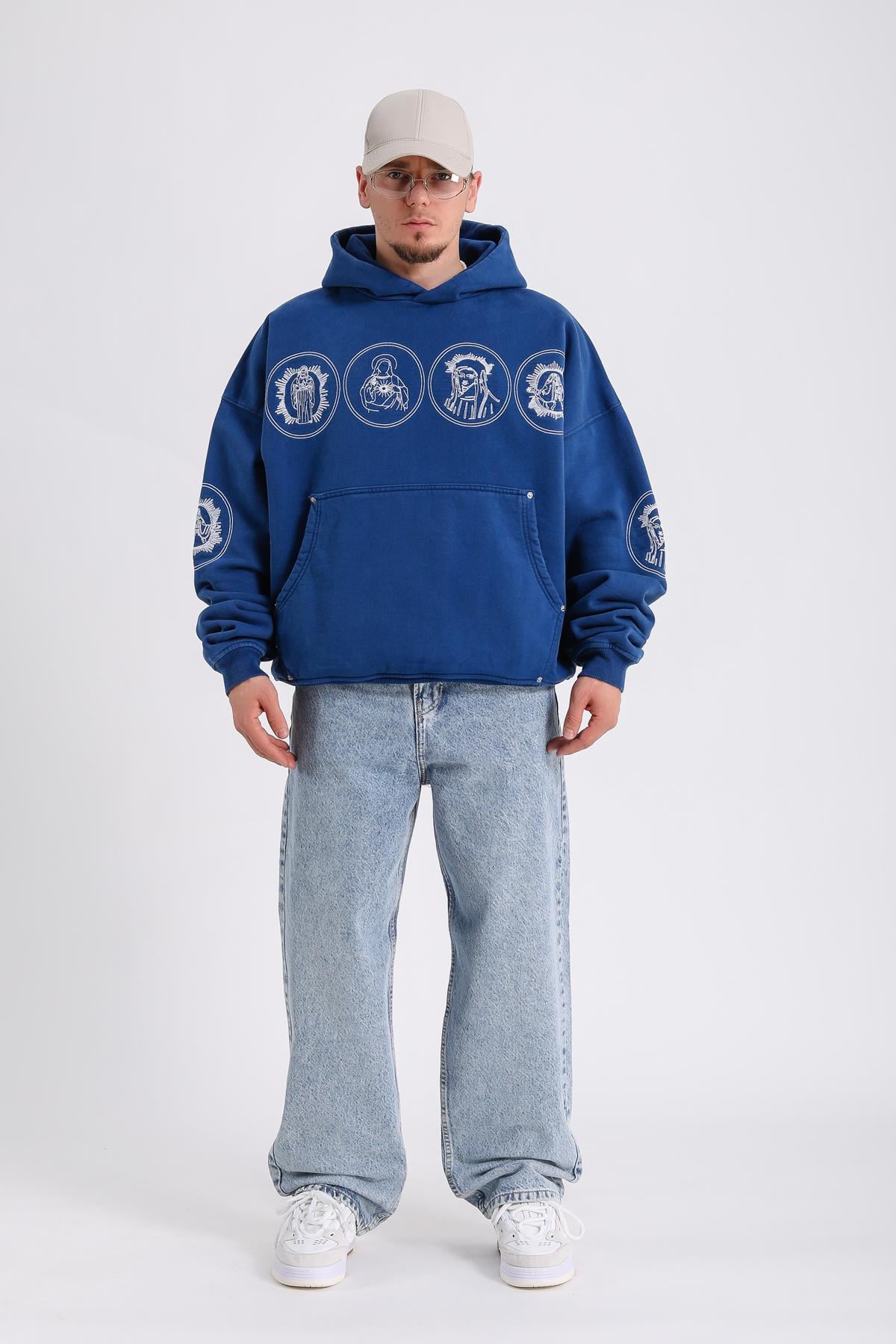 Nakışlı Premium Kumaş Mavi Oversize Hoodie SW1183