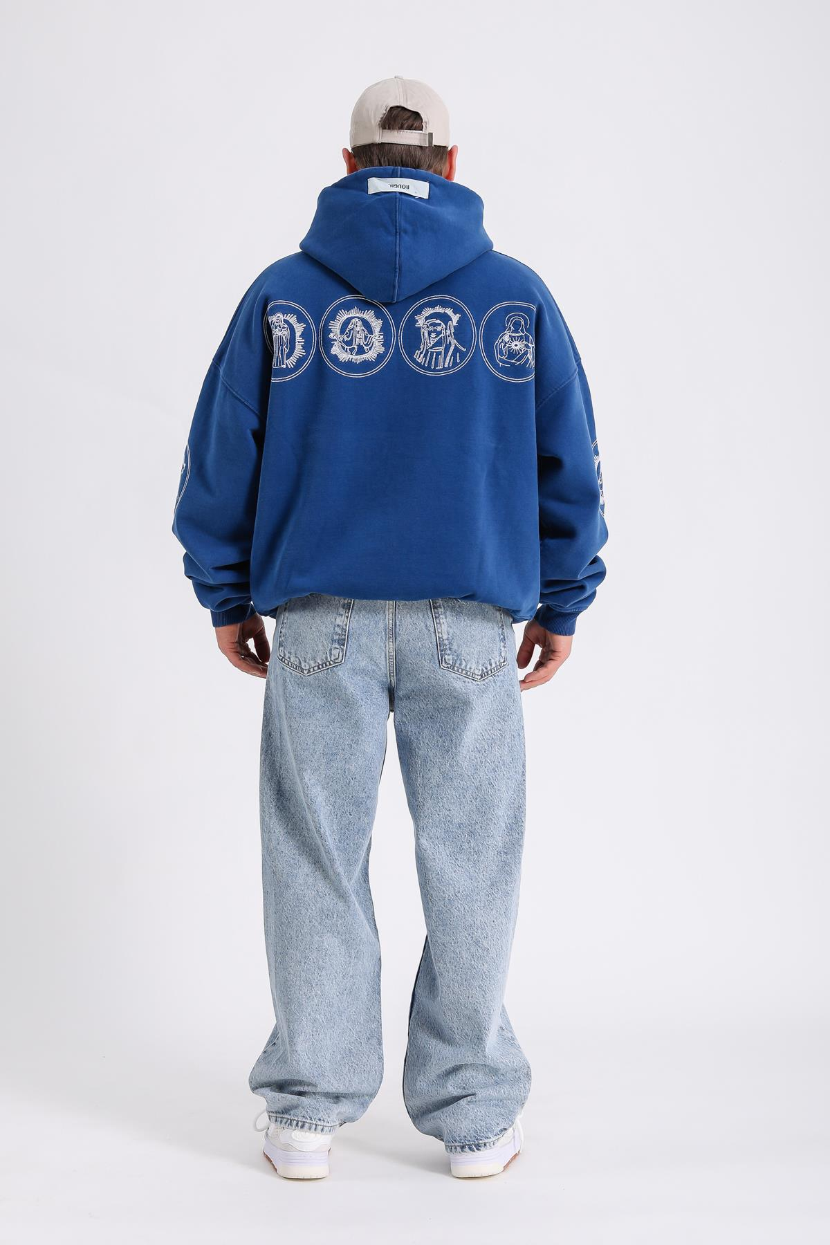 Nakışlı Premium Kumaş Mavi Oversize Hoodie SW1183