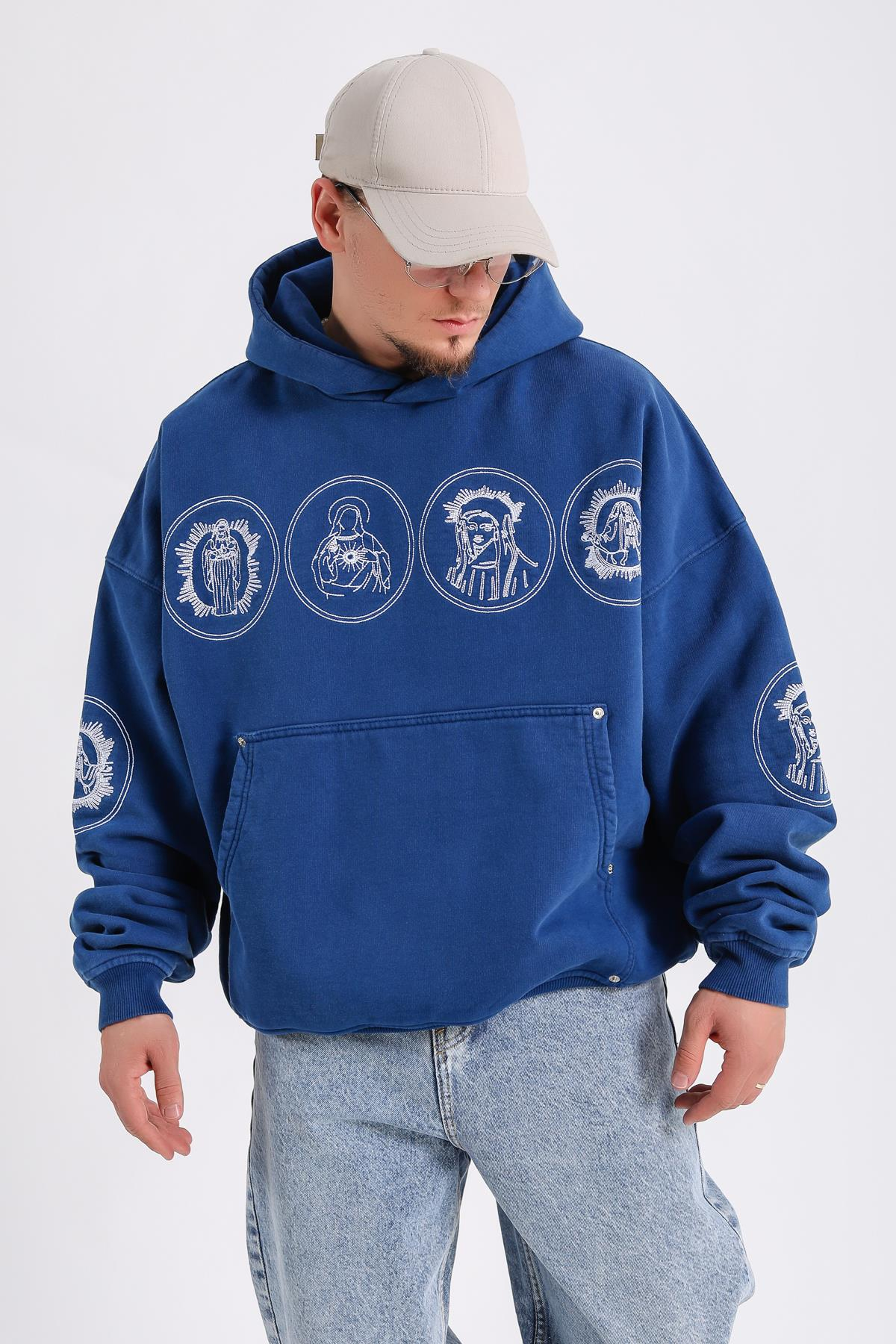 Nakışlı Premium Kumaş Mavi Oversize Hoodie SW1183