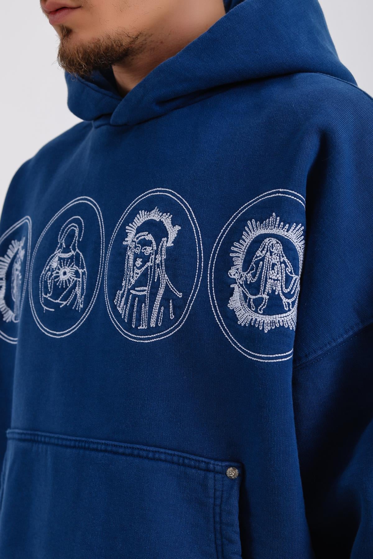 Nakışlı Premium Kumaş Mavi Oversize Hoodie SW1183