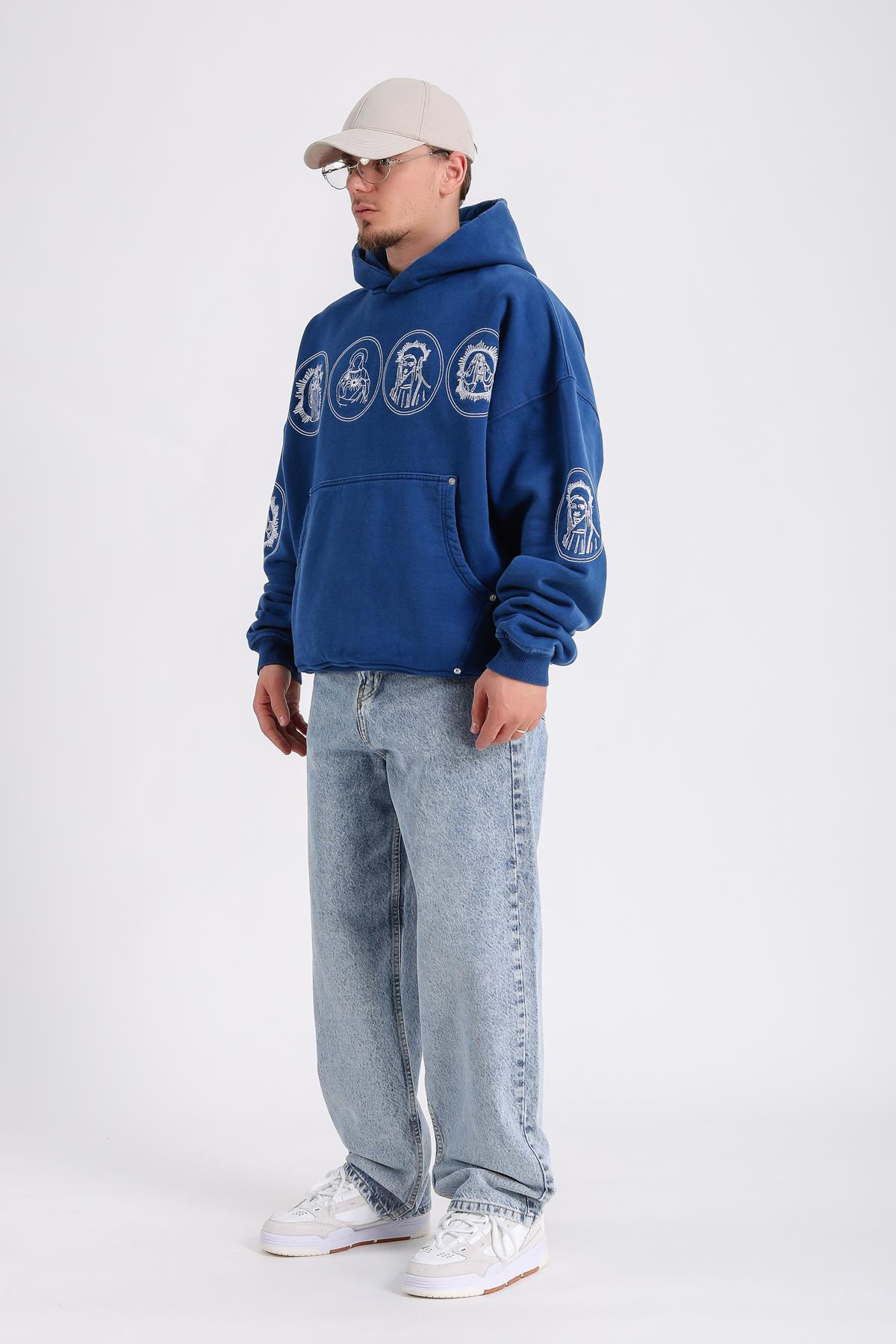 Nakışlı Premium Kumaş Mavi Oversize Hoodie SW1183