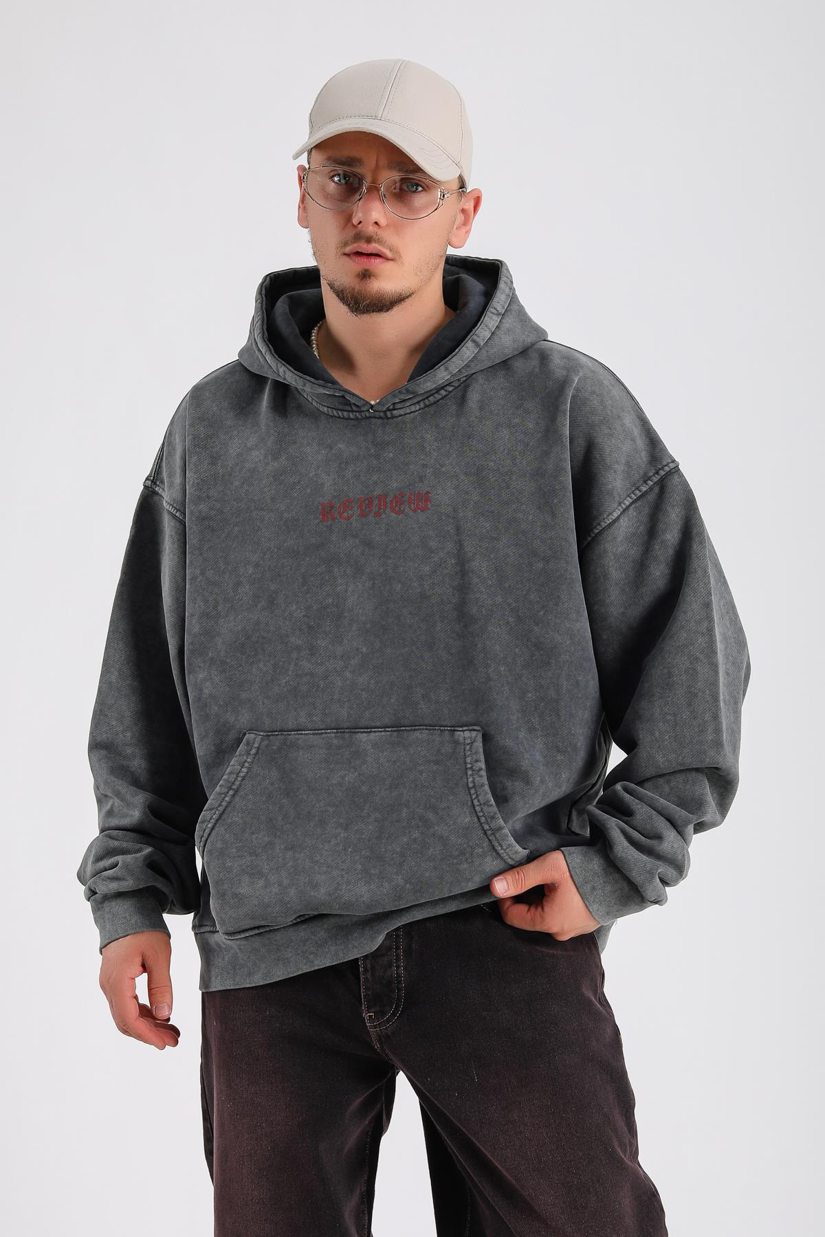 Never Est Baskılı Füme Acid Wash Oversize Sweatshirt SW1158