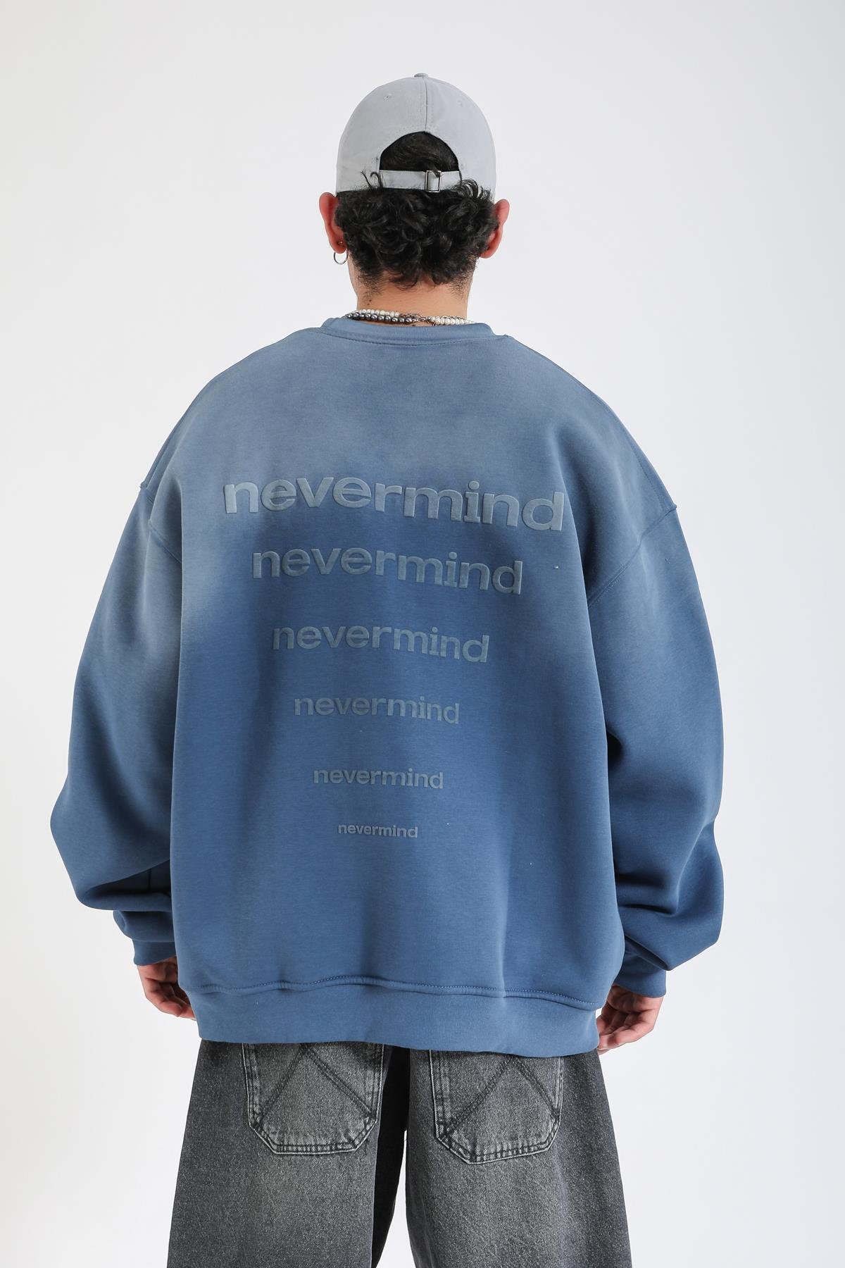Nevermind Baskılı Acid Wash İndigo Oversize Sweatshirt SW1388