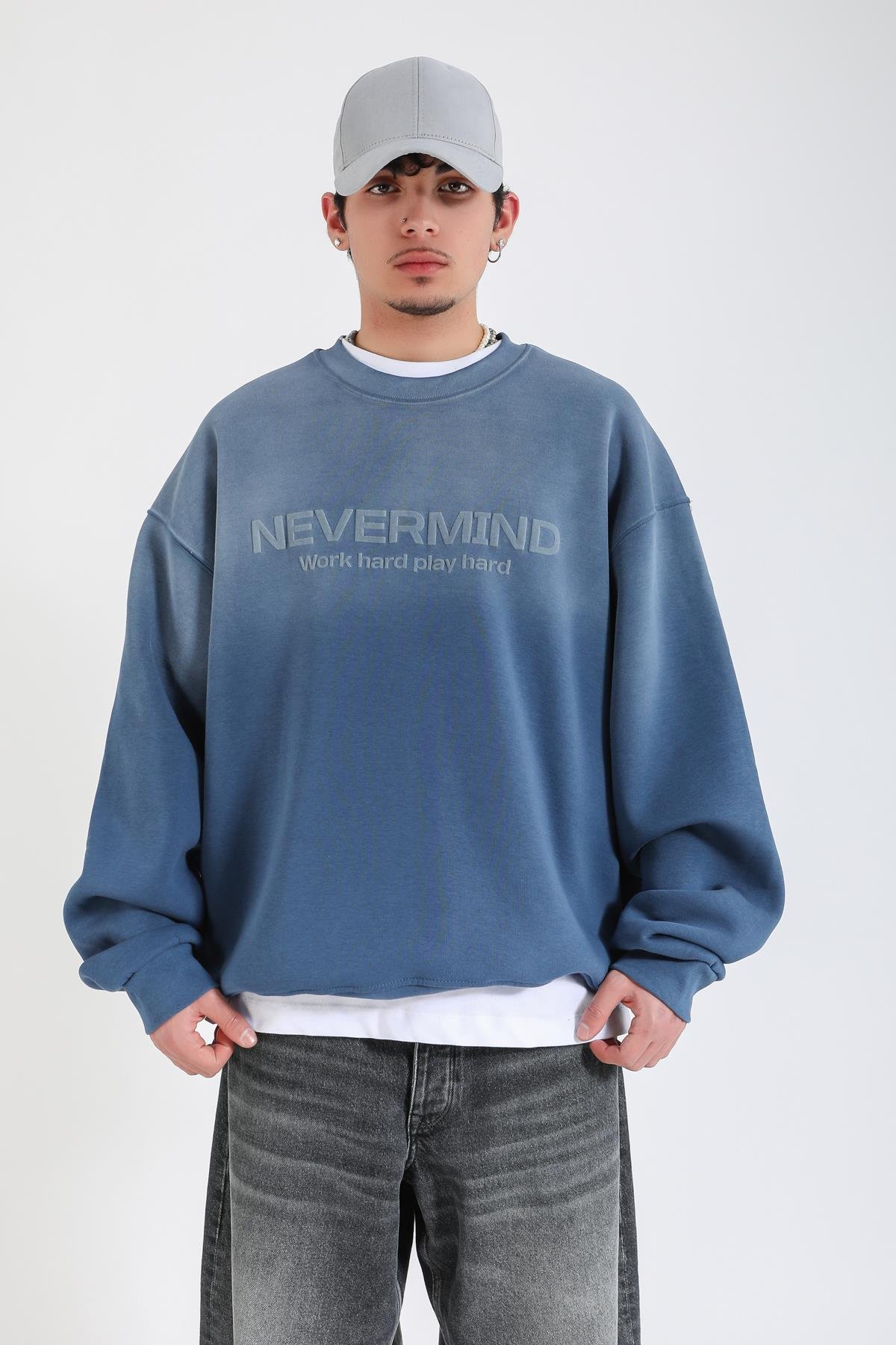 Nevermind Baskılı Acid Wash İndigo Oversize Sweatshirt SW1388