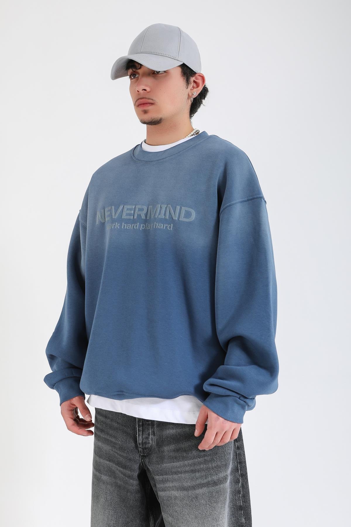 Nevermind Baskılı Acid Wash İndigo Oversize Sweatshirt SW1388
