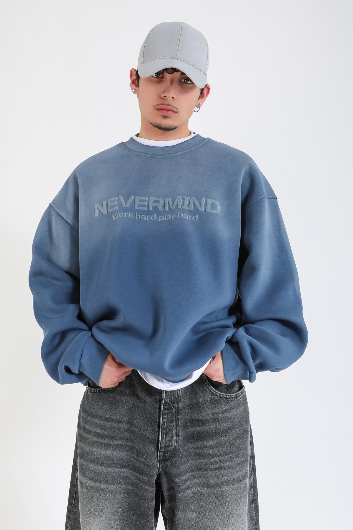 Nevermind Baskılı Acid Wash İndigo Oversize Sweatshirt SW1388
