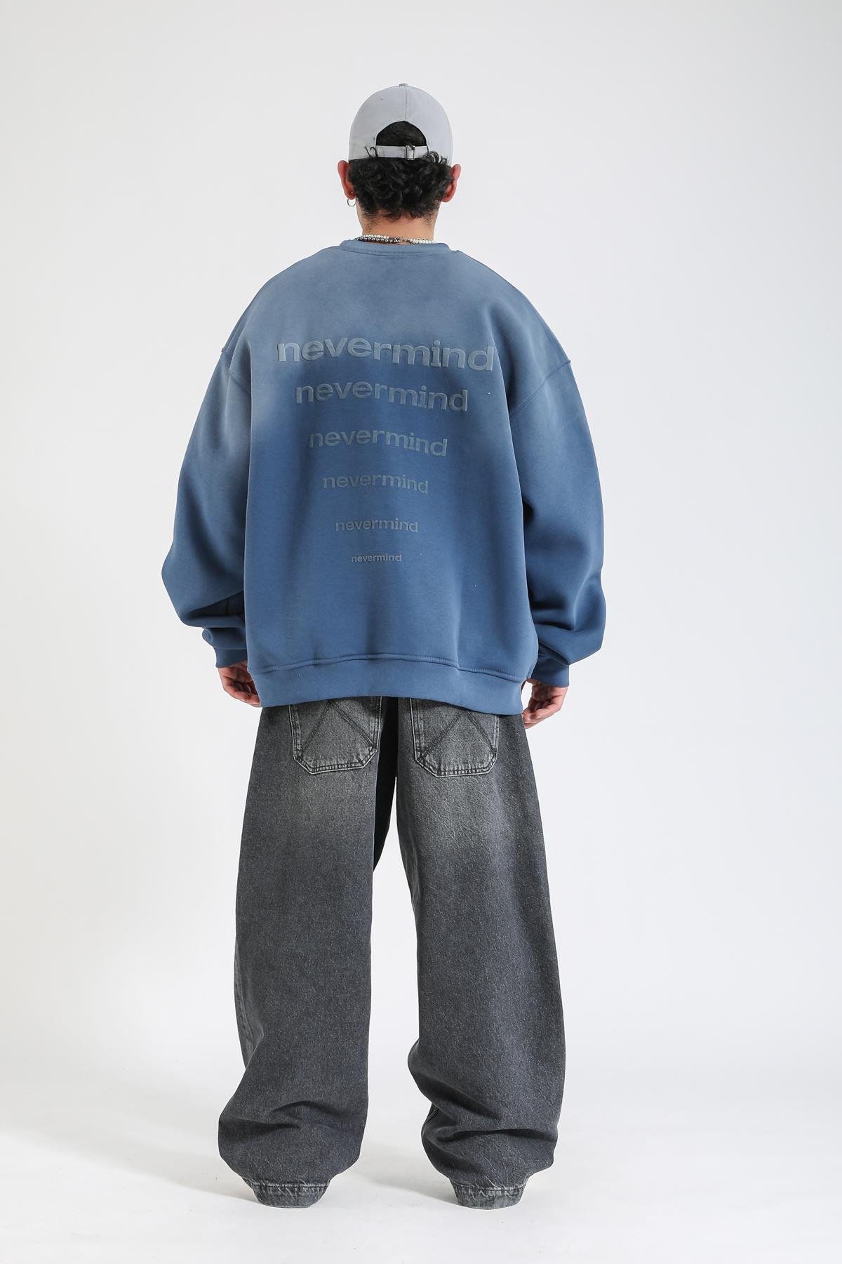 Nevermind Baskılı Acid Wash İndigo Oversize Sweatshirt SW1388