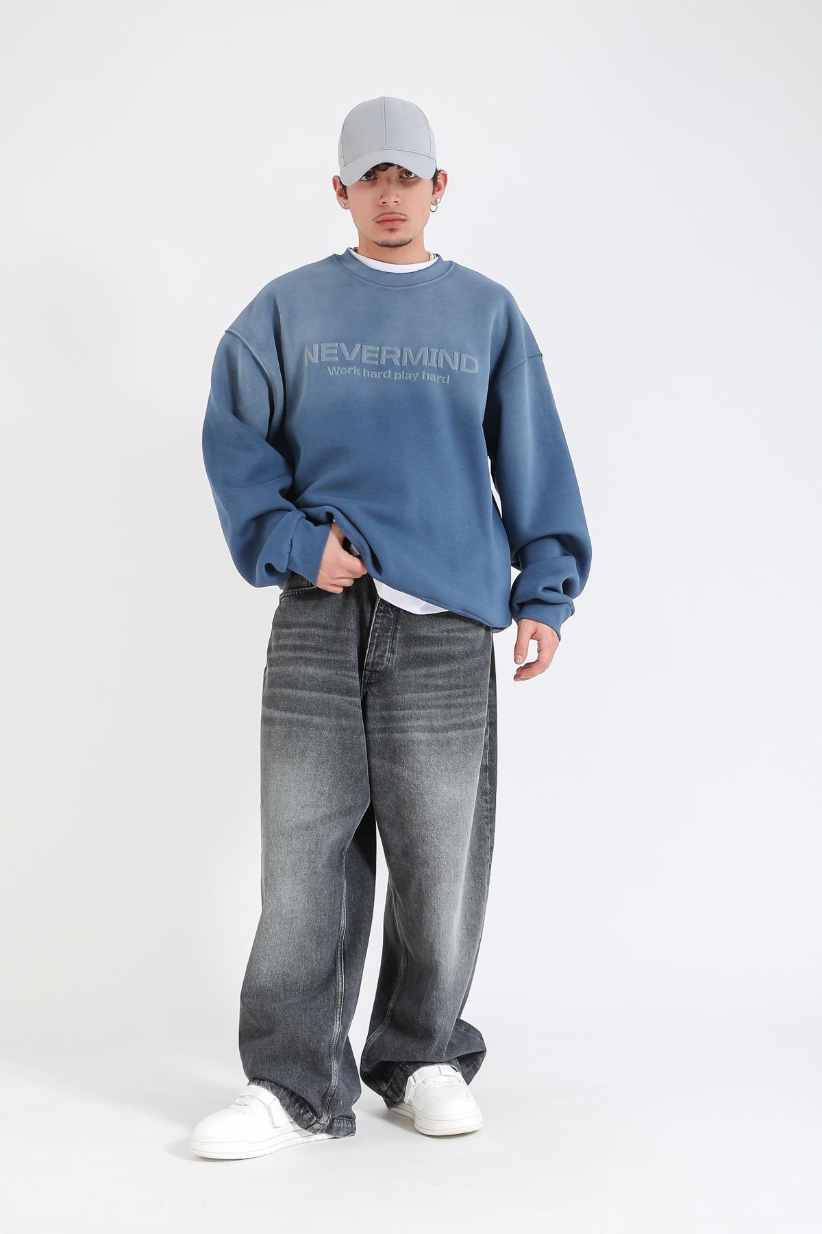 Nevermind Baskılı Acid Wash İndigo Oversize Sweatshirt SW1388