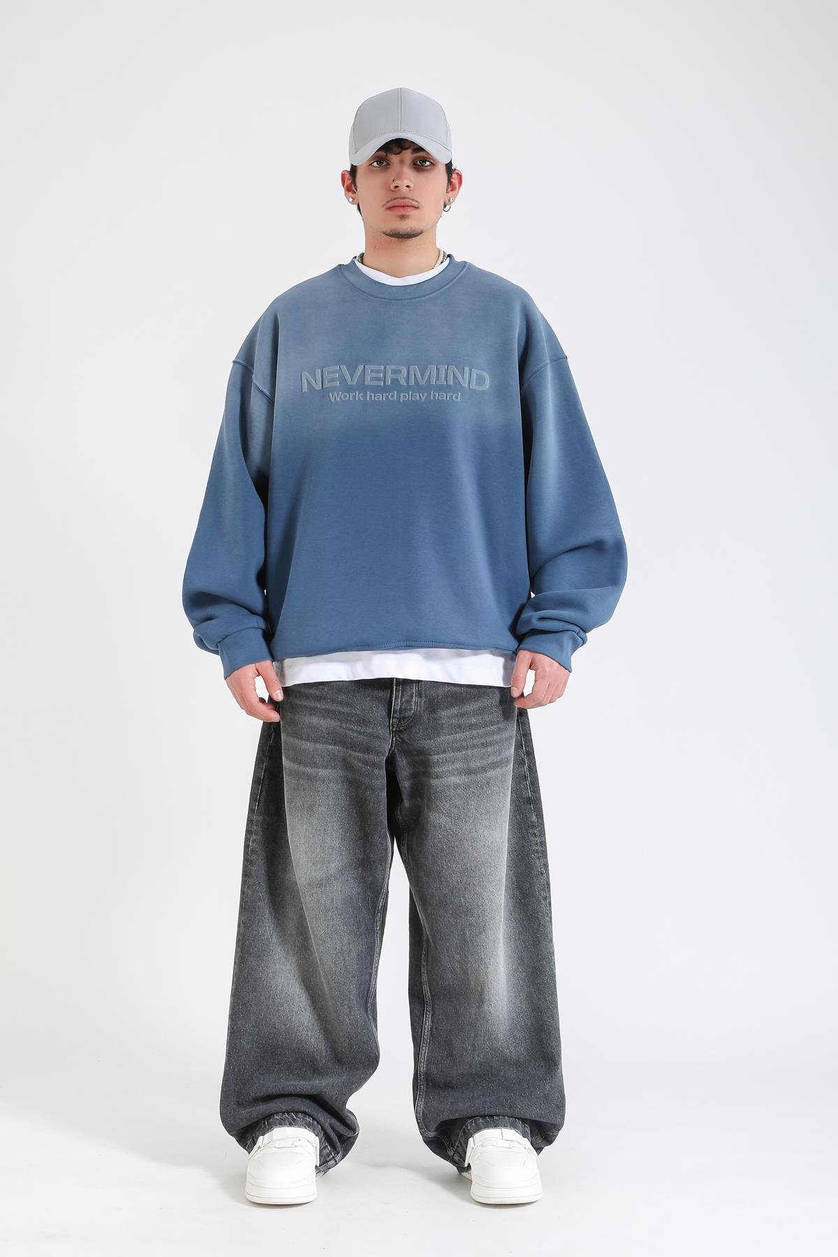 Nevermind Baskılı Acid Wash İndigo Oversize Sweatshirt SW1388